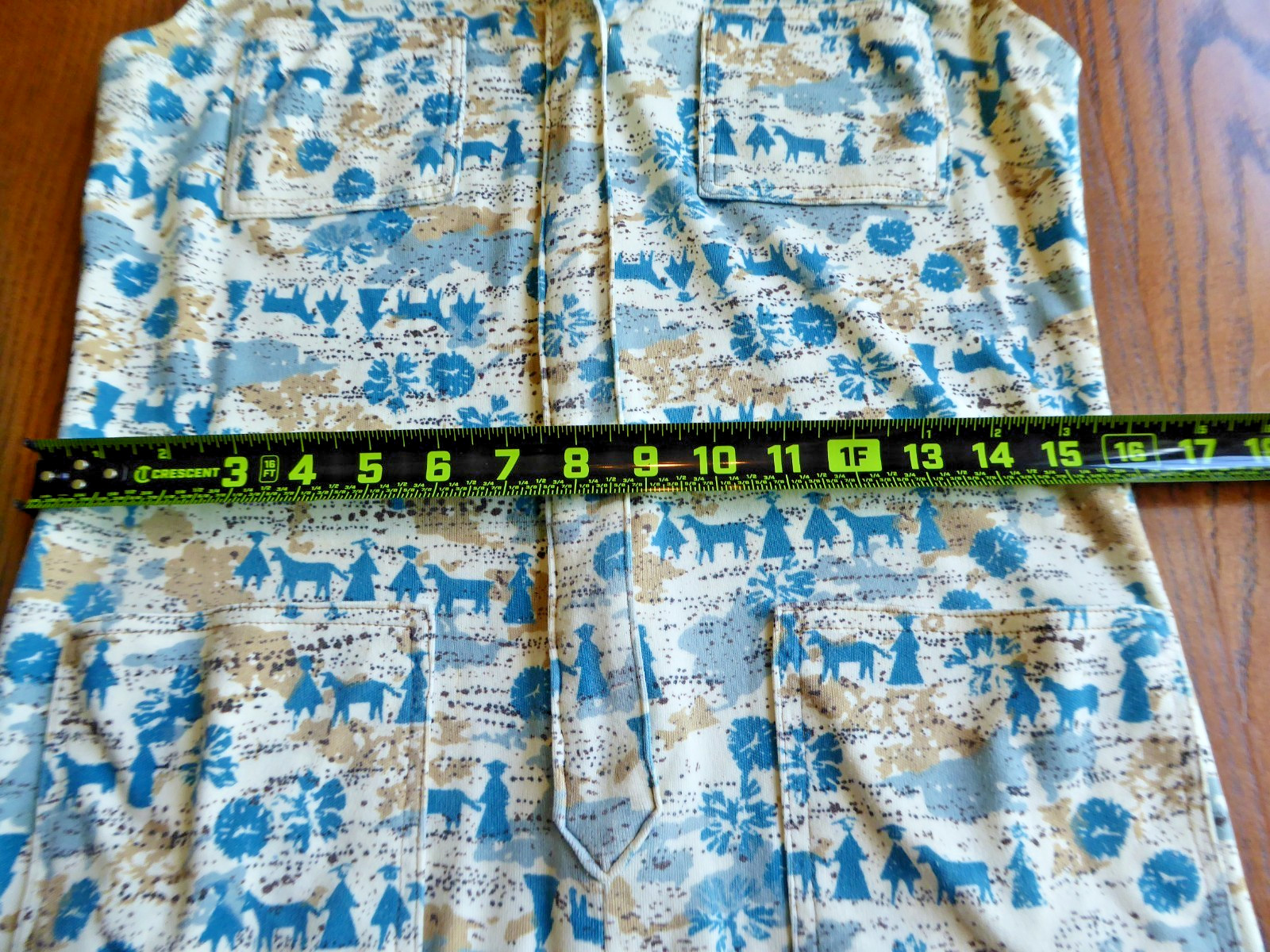 VTG 60s 70s Handmade Novelty Print Shift Dress Blue White Sleeveless Mod Small