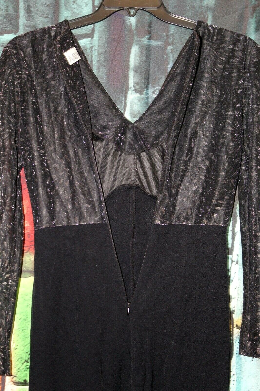 Vintage Menu Black One Piece Jumpsuit Long Sheer Sleeve Wrap Front Size 6 Party