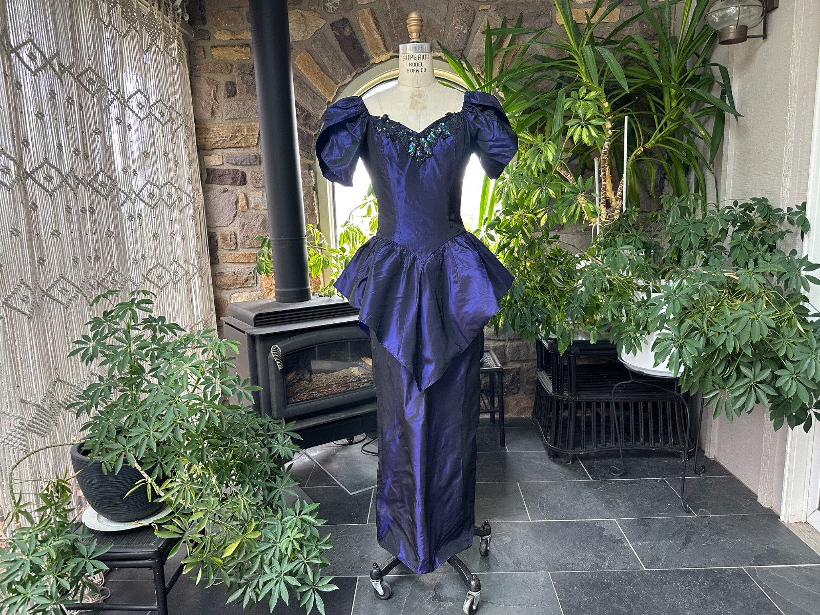 Vintage 1980s Purple Iridescent Taffeta Sequin Drop Waist Formal Maxi Dress