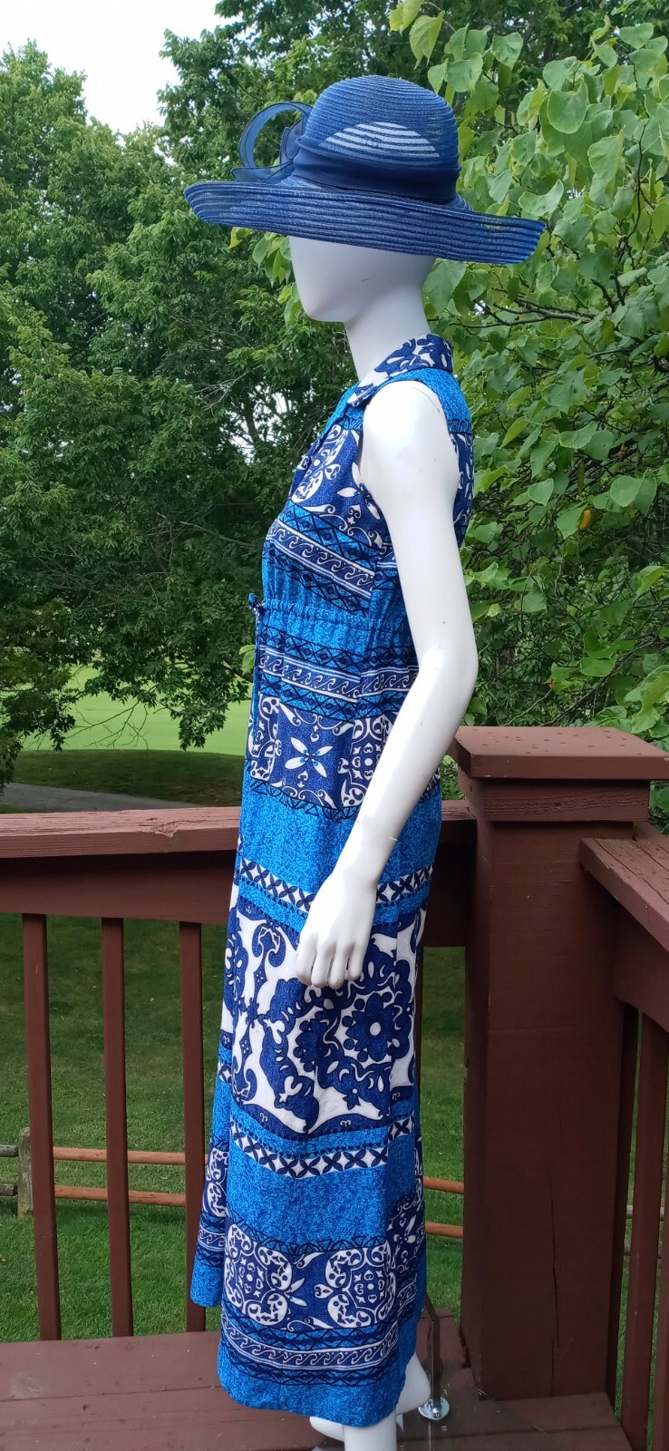 Penneys Hawaii VTG Small Barkcloth Maxi Dress Blue Tropical Sleeveless Collared
