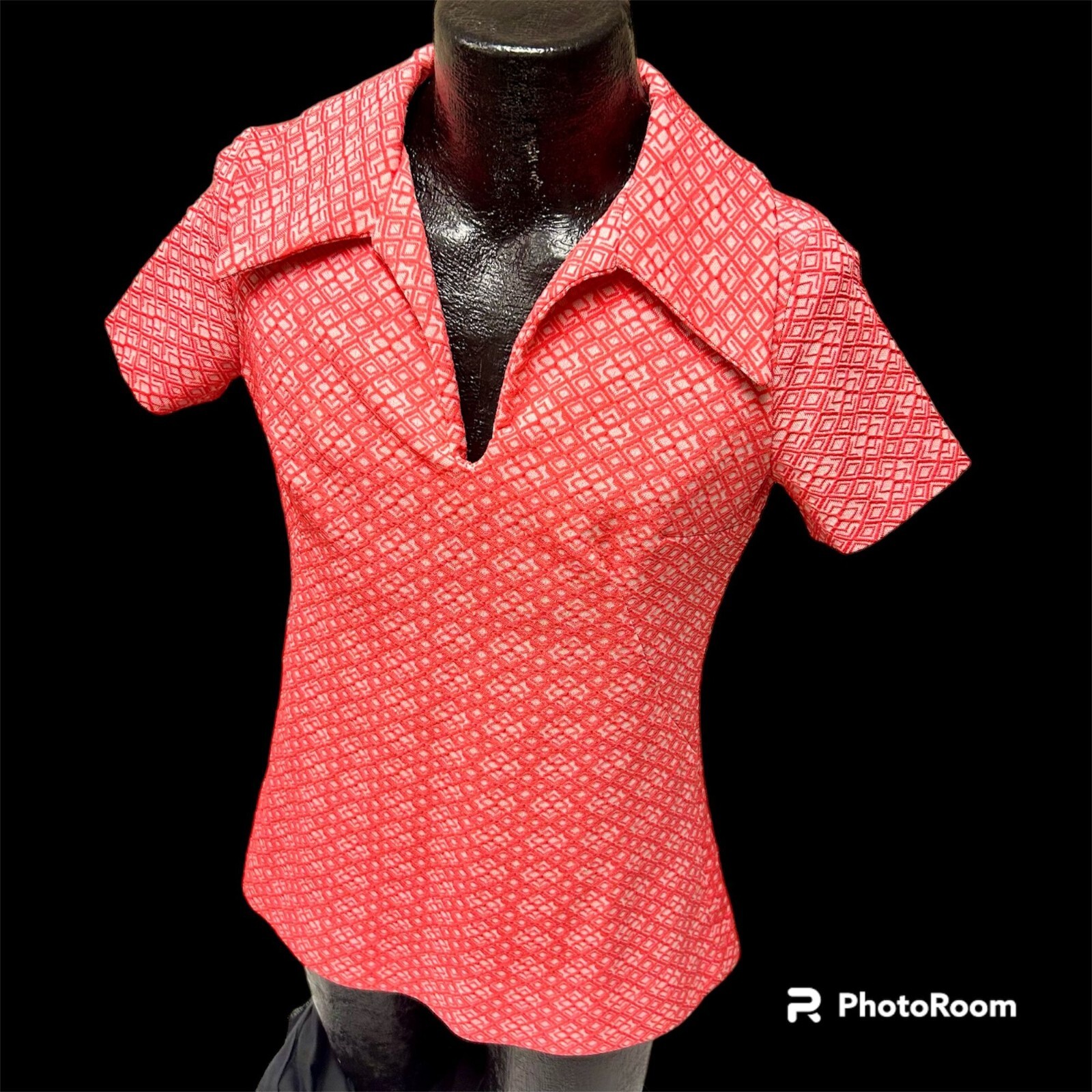 Vtg 60 70’s KNIT MoD PINK White GEOMETRIC Go Go Hippie MINI Dress Disco Shirt M