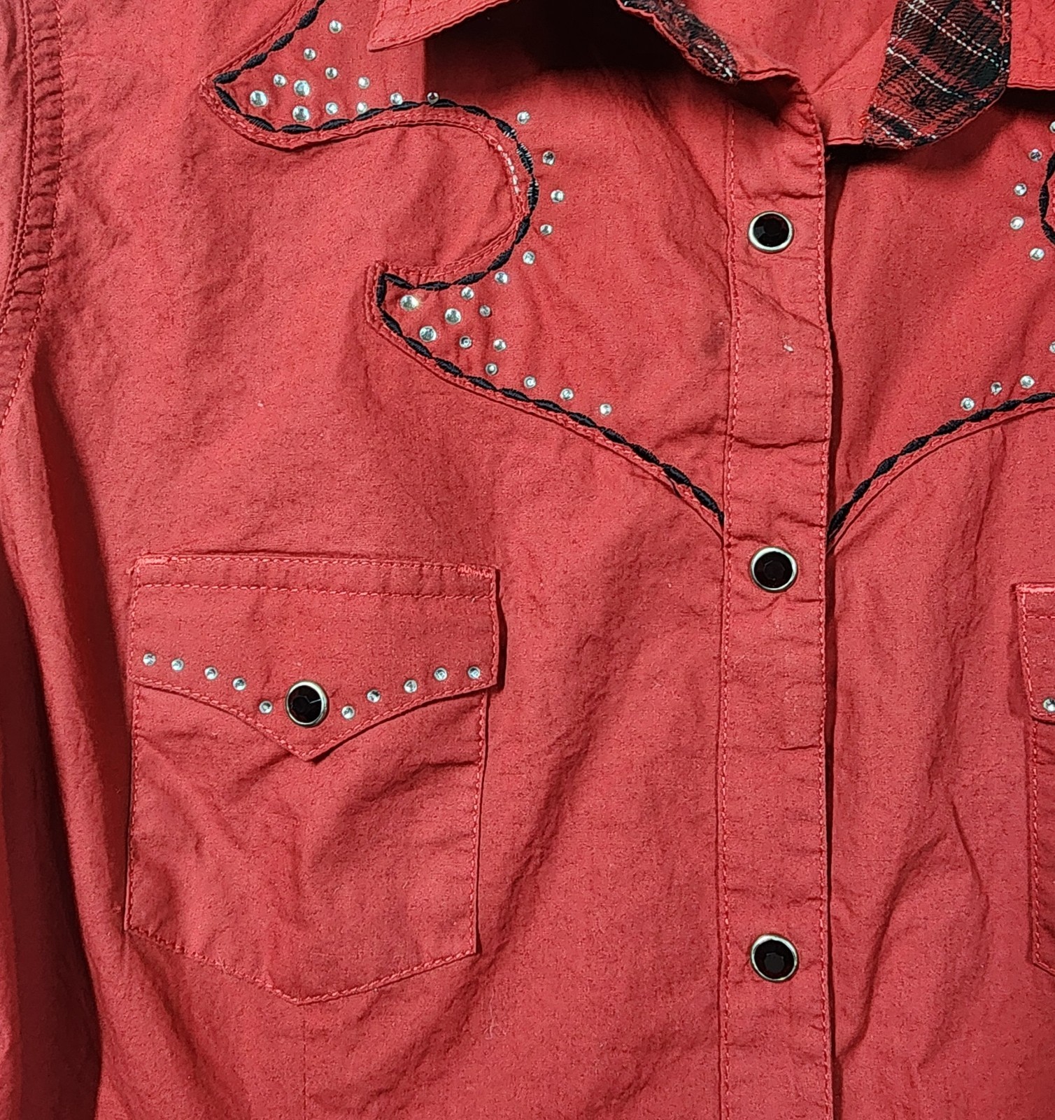 Western Shirt by Panhandle Slim Retro Vintage Red Crystals Black Texas Womens M