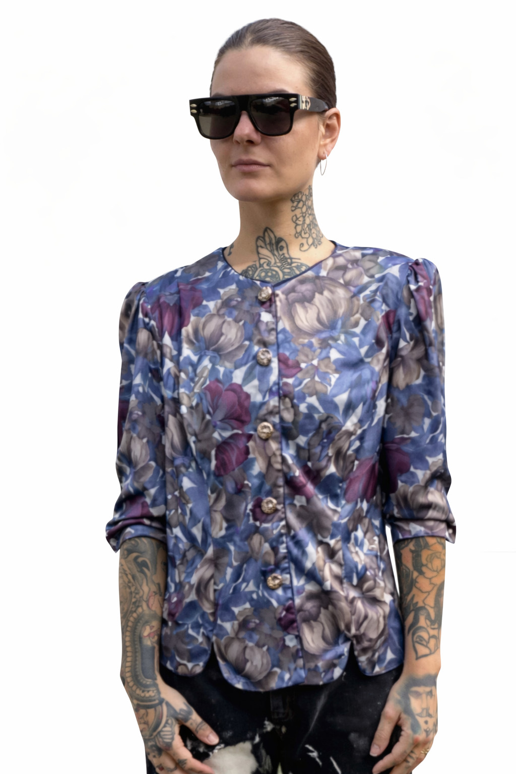Vintage 1980s Whirlaway Frocks Floral Button Down Cropped Blouse S M