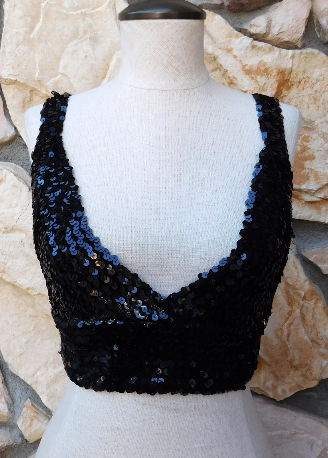 Black Disco Dance Top VTG Y2K 1980’s 1990’s SEXY RETRO Sequin Crop