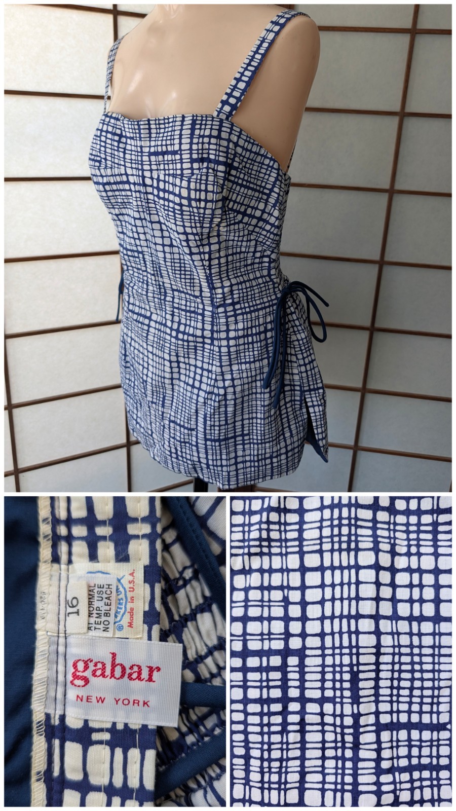Gabor NY 1960s Vintage Blue White Plaid Swimsuit Playsuit Cotton Metal Zipper M