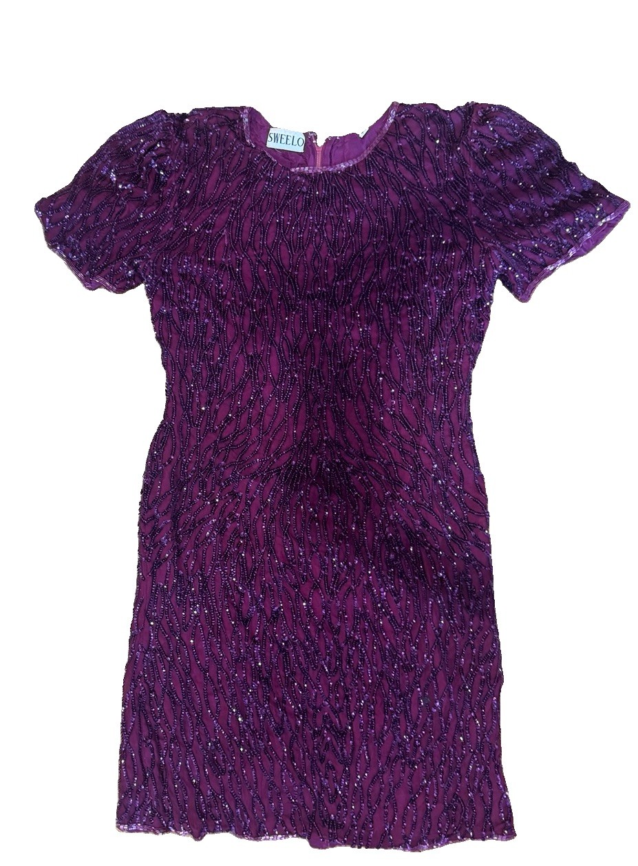Vintage Sweelo Purple Beaded Sequin Silk Cocktail Shift Mini Dress Wm M 8 / 10