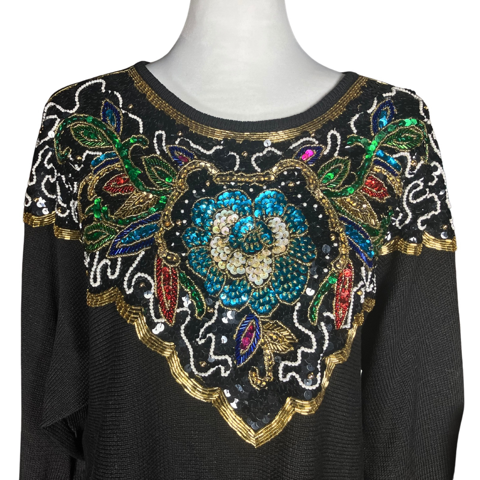 Vintage 80s Heavily Beaded Sequin Sweater. M/L. Black, Colorful, Gold Maximalism
