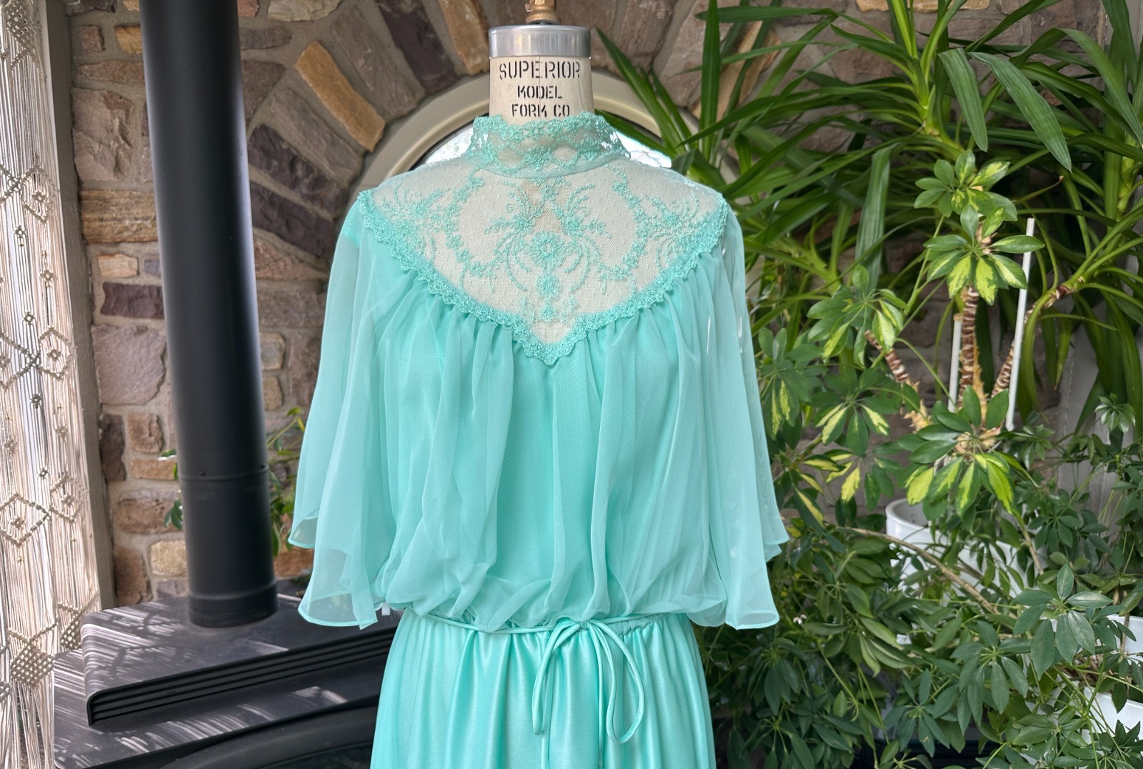 Vintage 1970s Light Green Knit and Chiffon Lace Maxi Dress