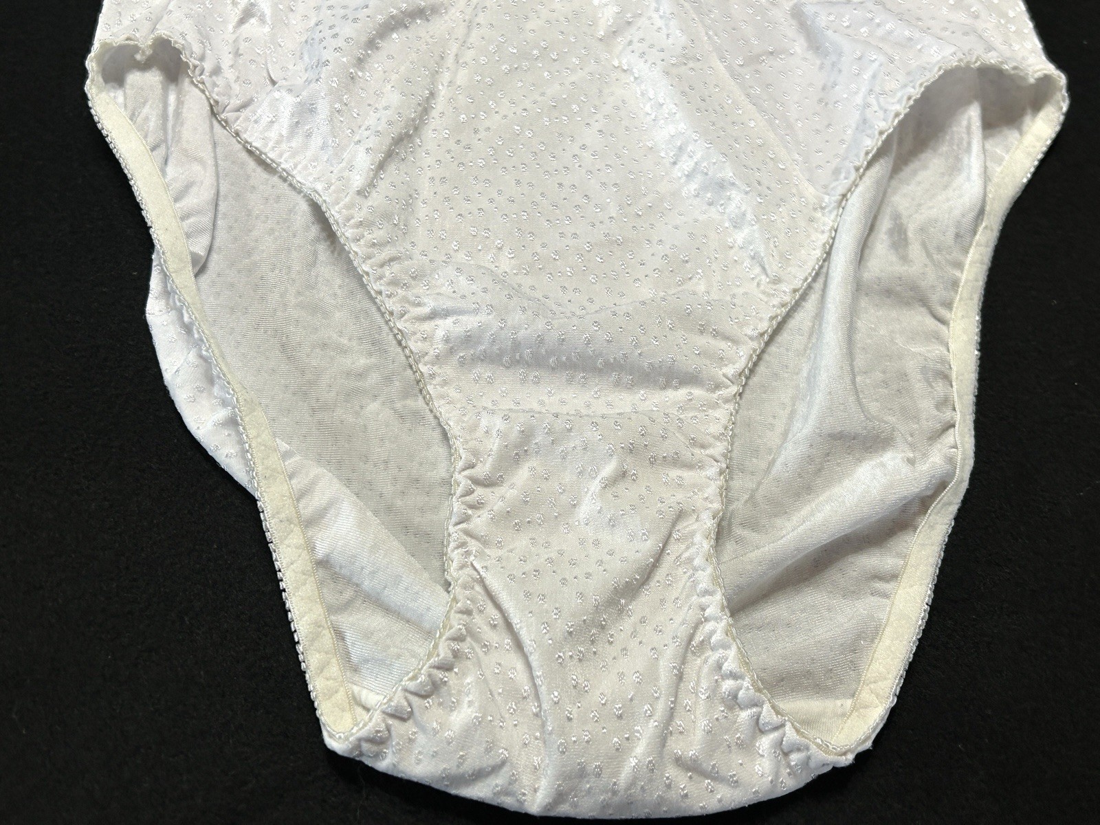Vtg UNBRANDED Satin Embroidered Dots Hi-Leg Sz 8 White Panties #380
