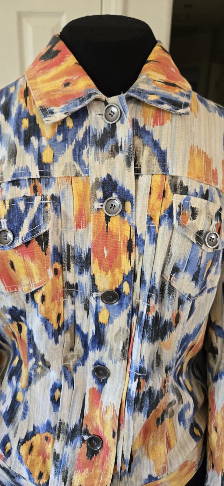 1990s CHICO’S AZTEC TRIBAL IKAT Denim Jacket 0 Size Medium