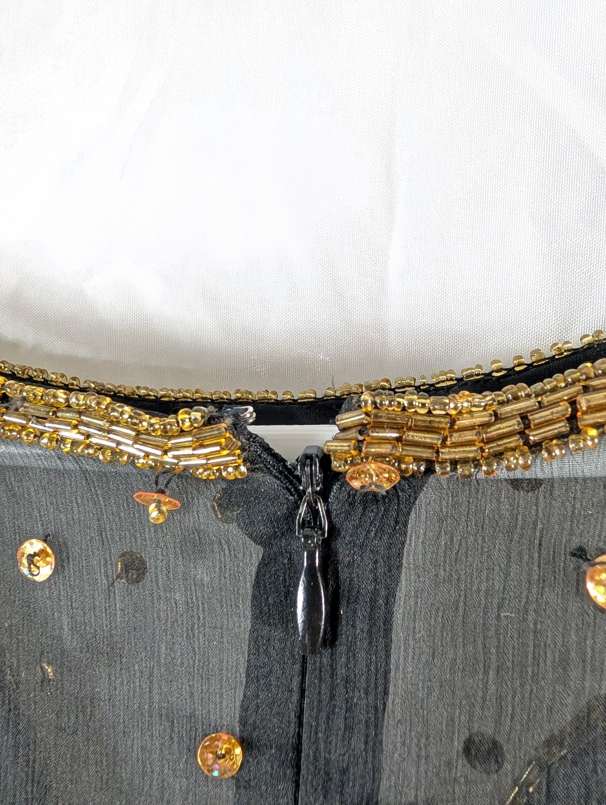 Vtg Landmark Silk Beaded Gown XL, Black Gold Sequin Maxi Dress, Flapper READ