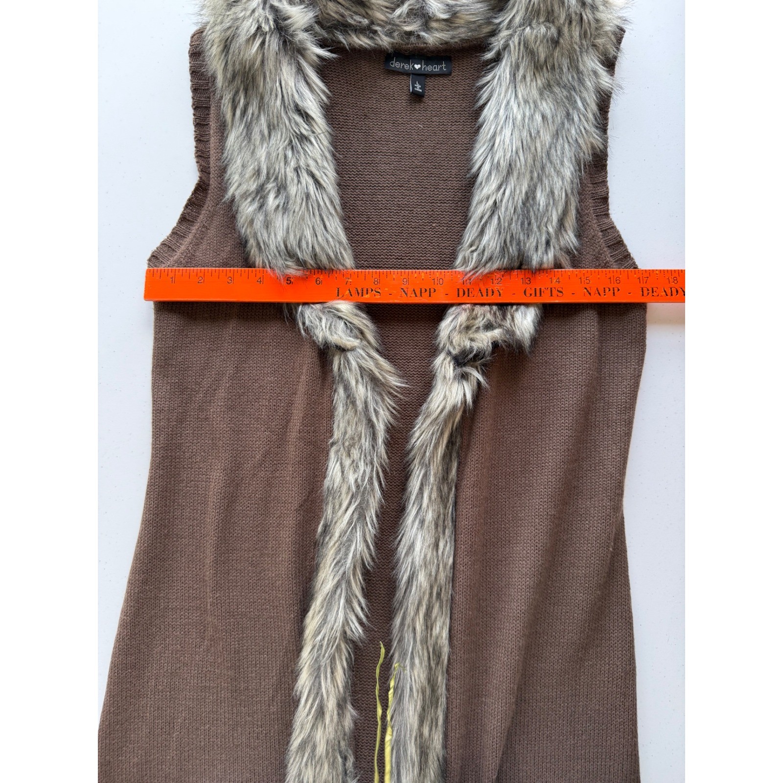 Sweater Vest Duster Faux Fur Trim Large Brown Open Front Western Boho Lagenlook