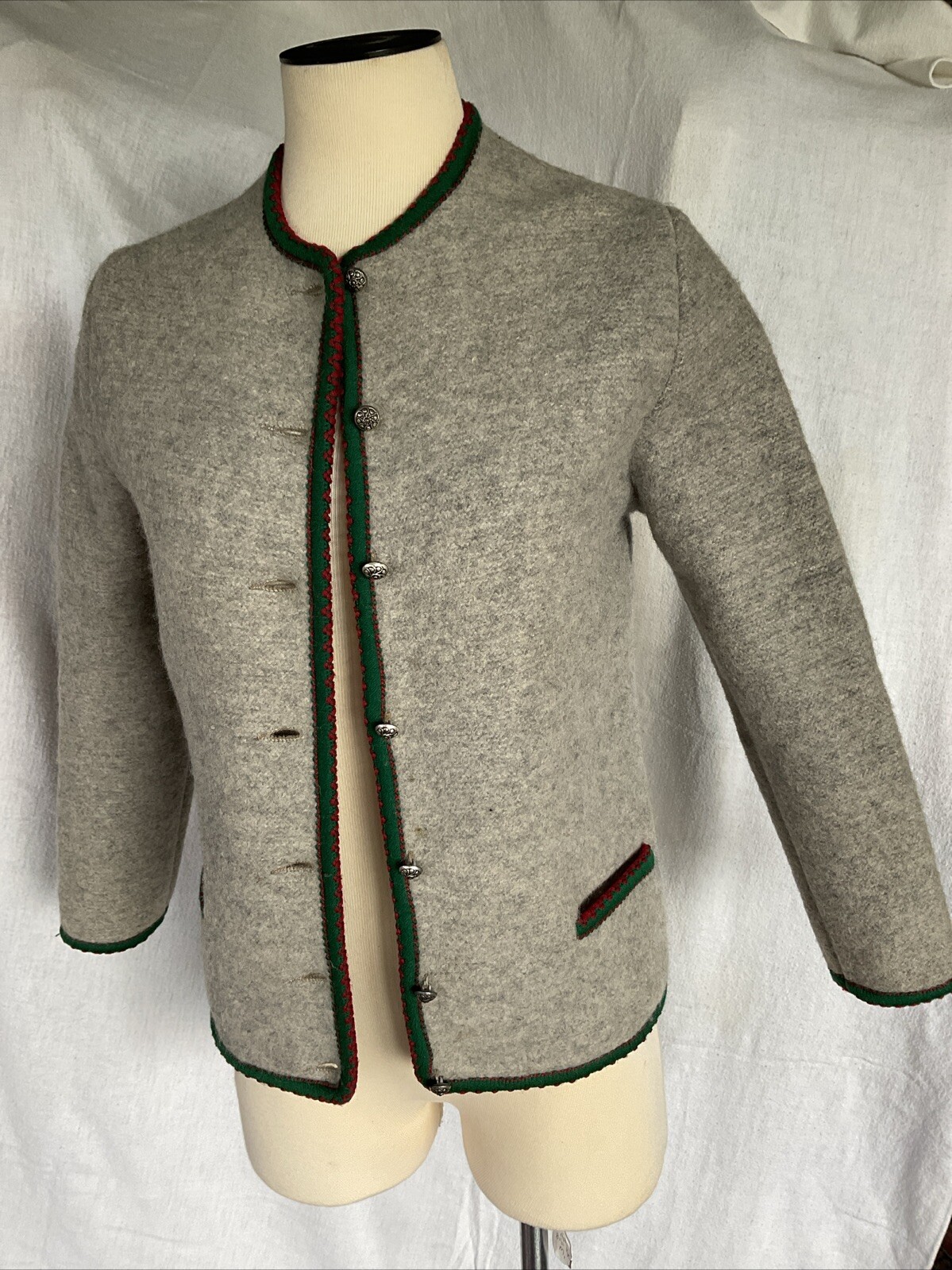 Vintage 1960s Austria Boiled Wool Cardigan Size XS/S Gray Red Green