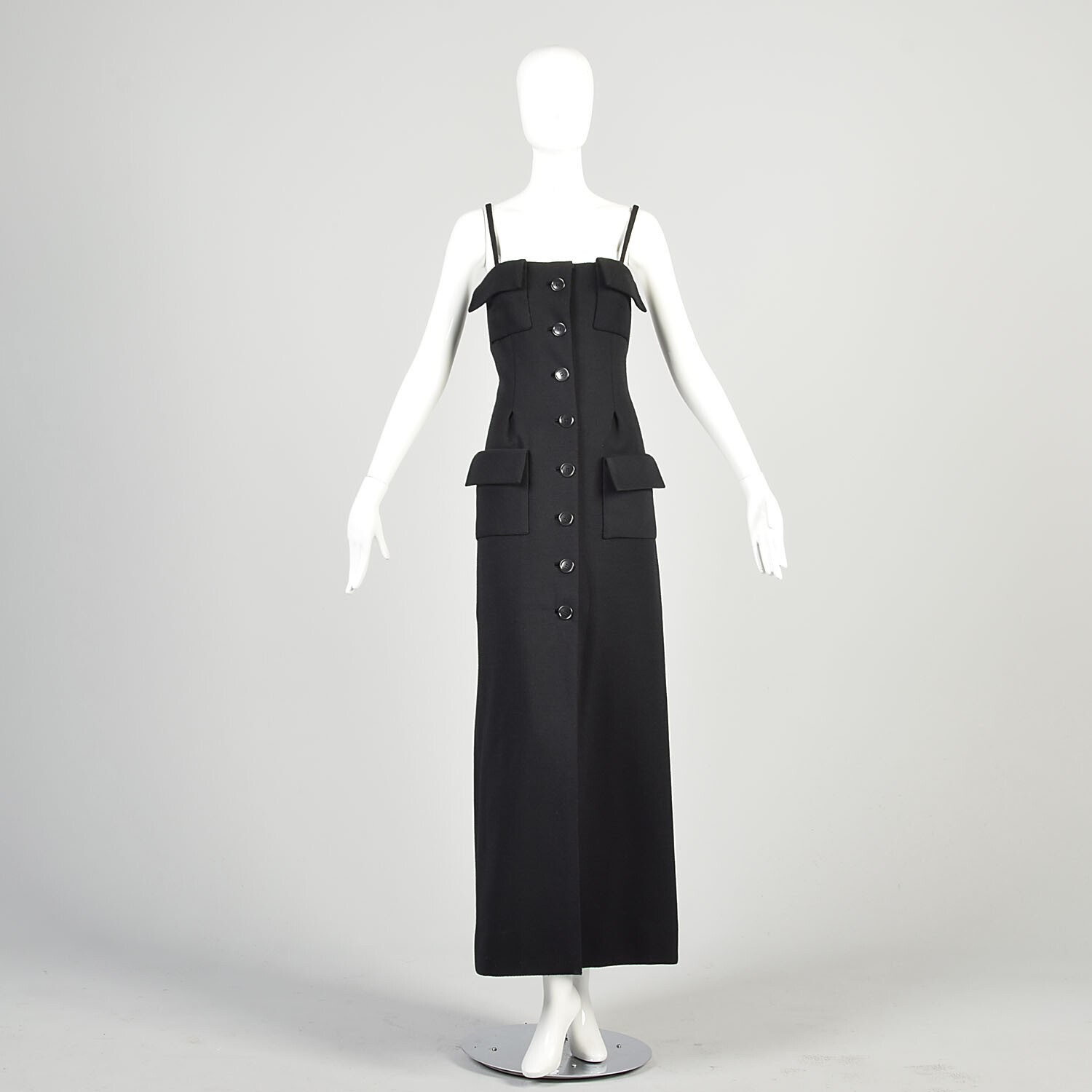 Medium 1970s Geoffrey Beene Black Maxi Heavy Knit Patch Pocket Button Layer Maxi