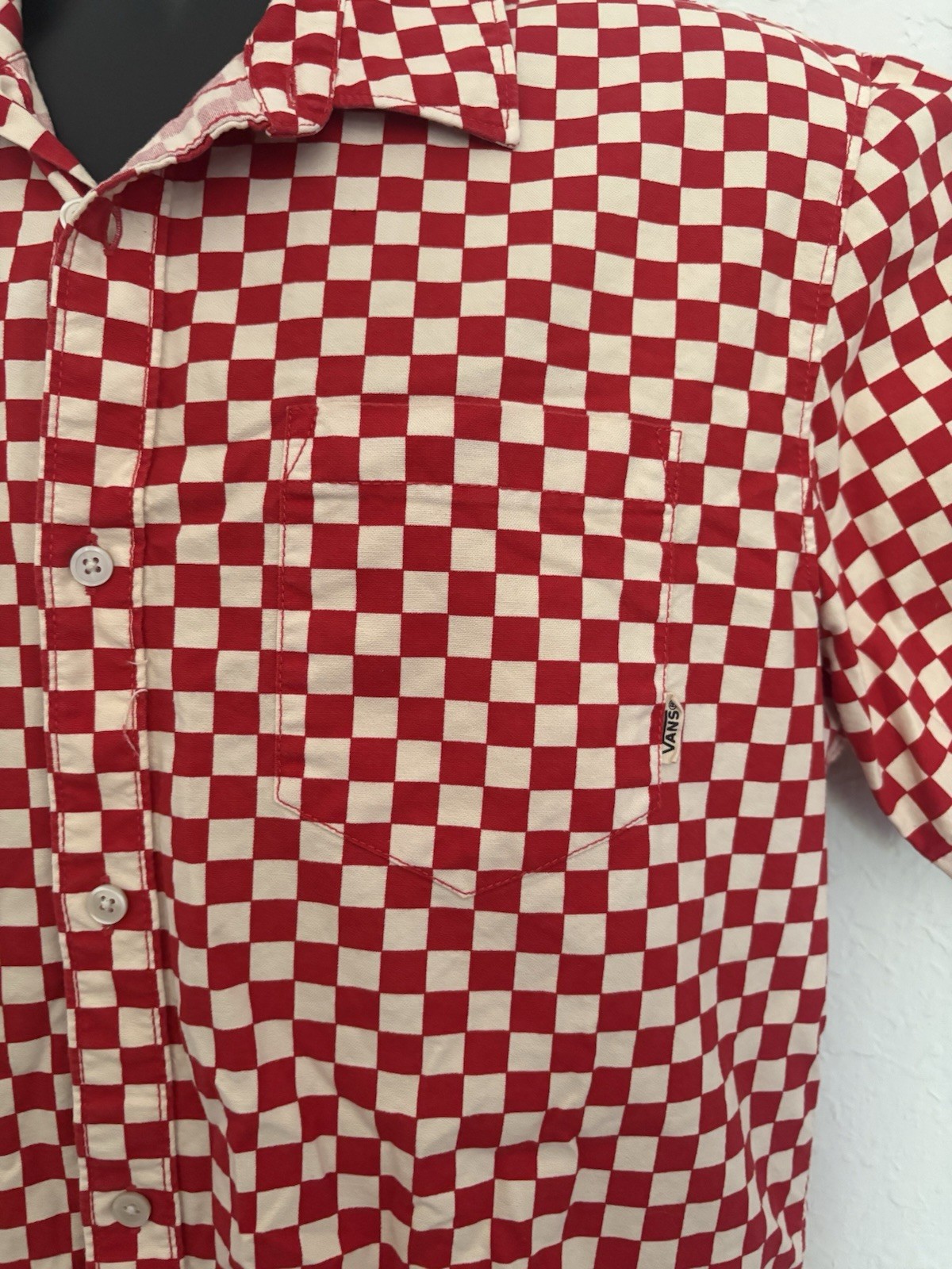 Vans Mens Classic Red Checkerboard Button Up Cotton Short Sleeve Shirt Size Lg