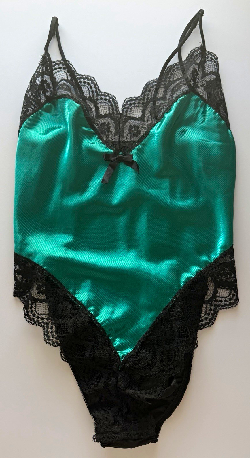 Vintage Lady Cameo Dallas Satin Lace Teddy Bodysuit Green Black USA M Medium