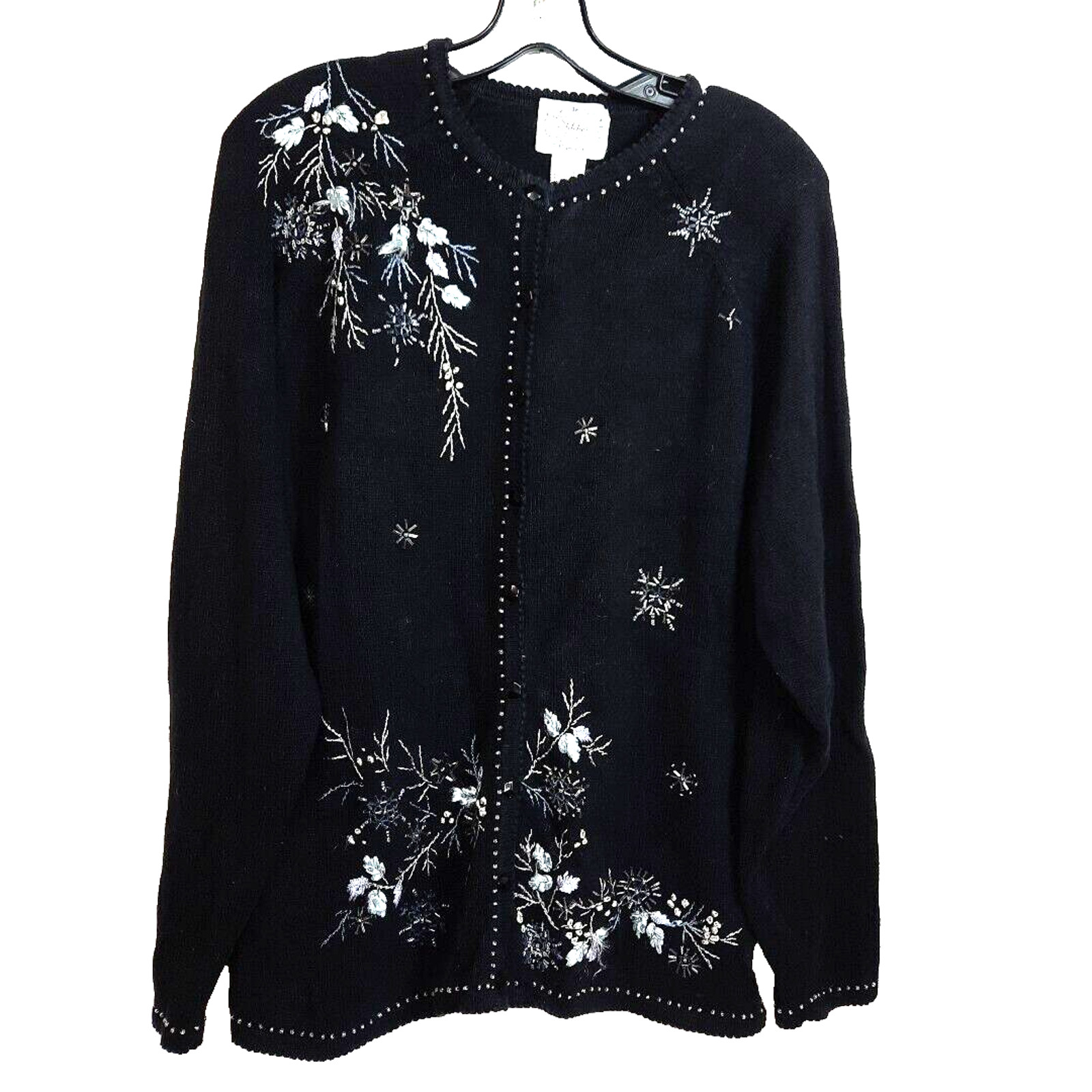 Stitches in Time Snowflake Beaded Embroidered Cardigan Sweater Large Black White