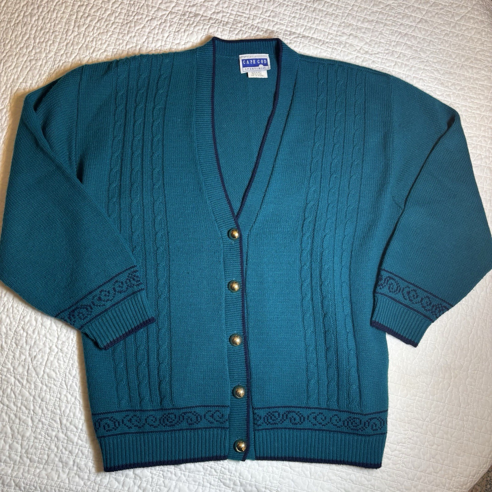 Vintage Cape Cod Sportswear Teal Knit Cardigan Sweater Womans M Gold Buttons