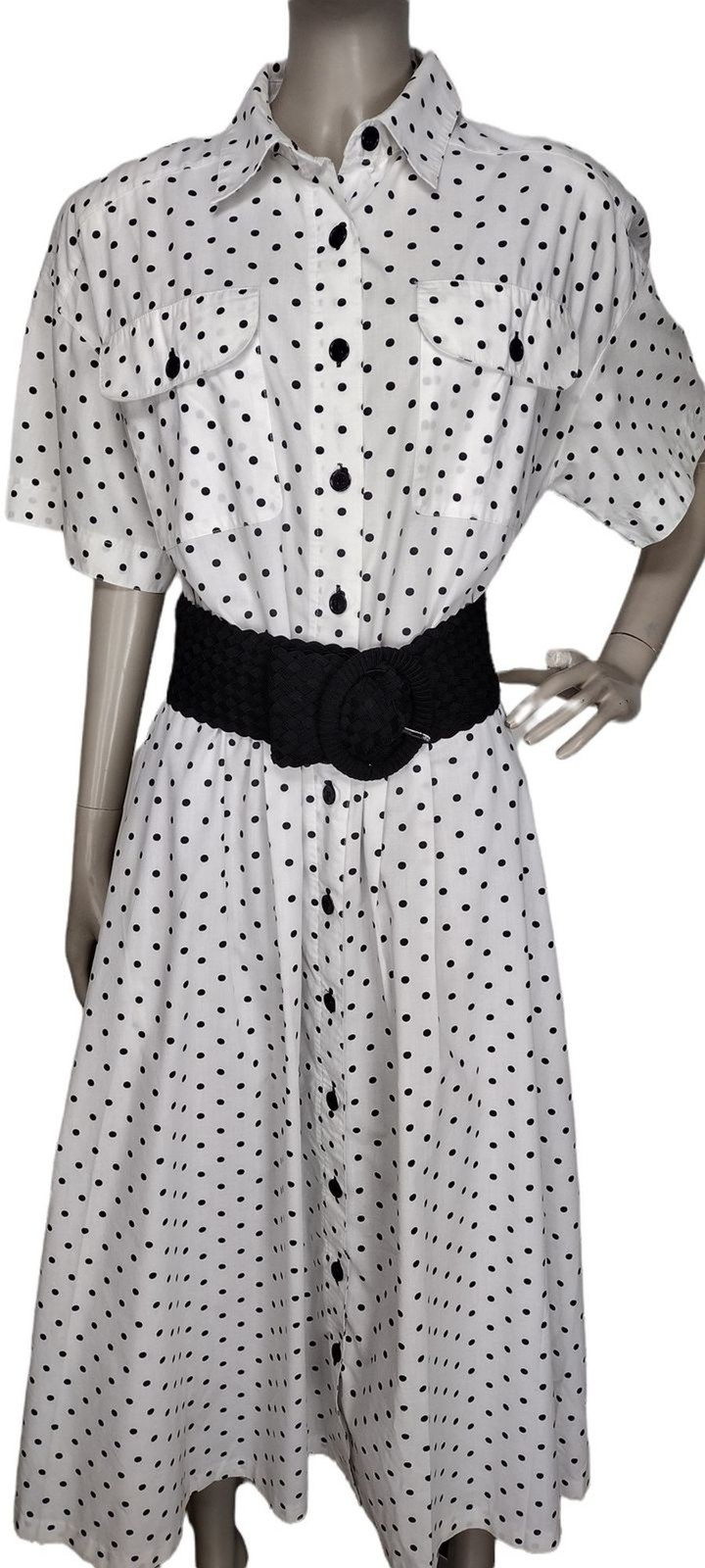 Vintage 80s White Black Polka Dot Button-Down Midi Shirt Dress Size M/L/XL