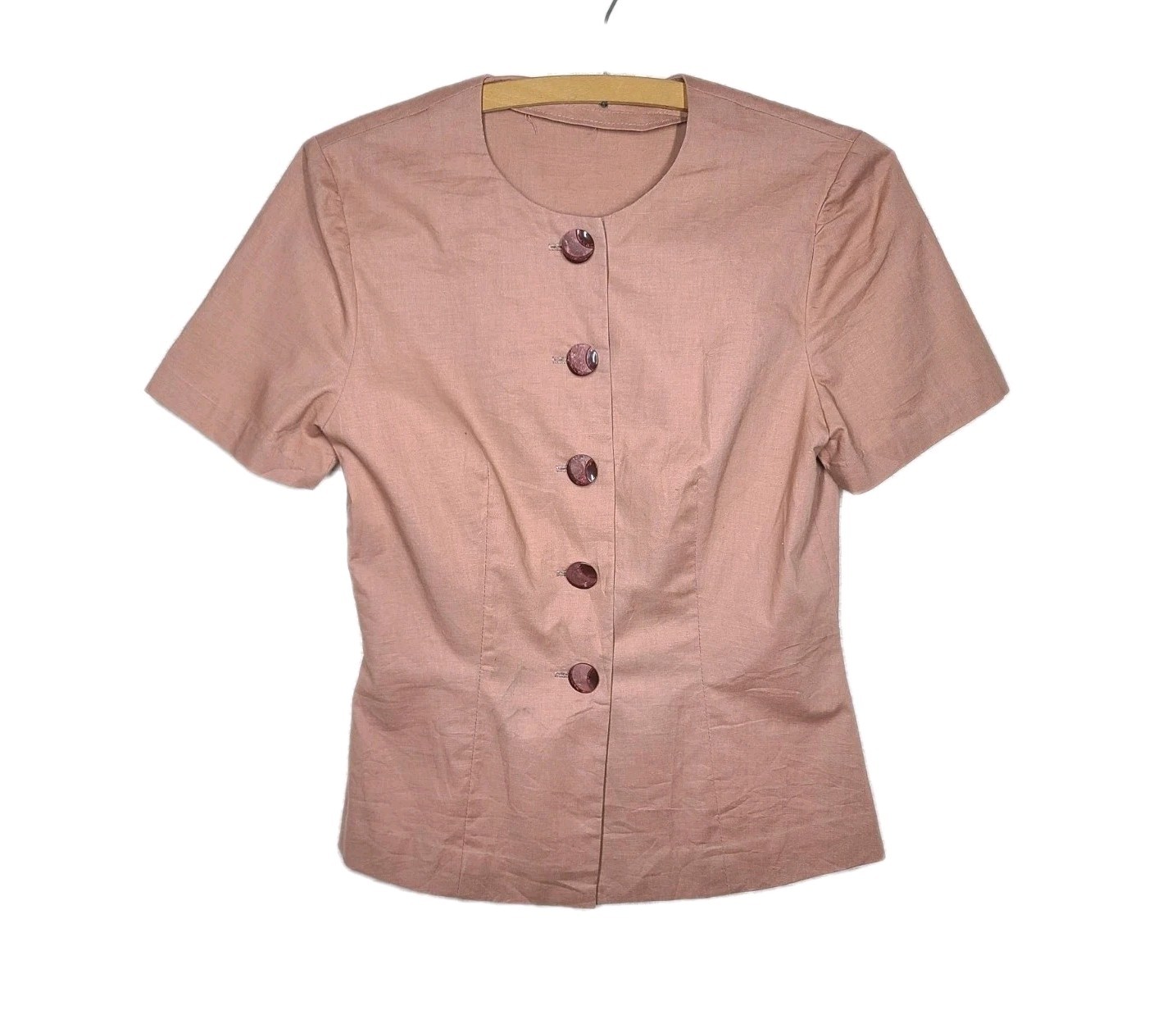 Vintage 50s Cotton Shirt S New Look High Neck Large Buttons Taupe Brown Retro