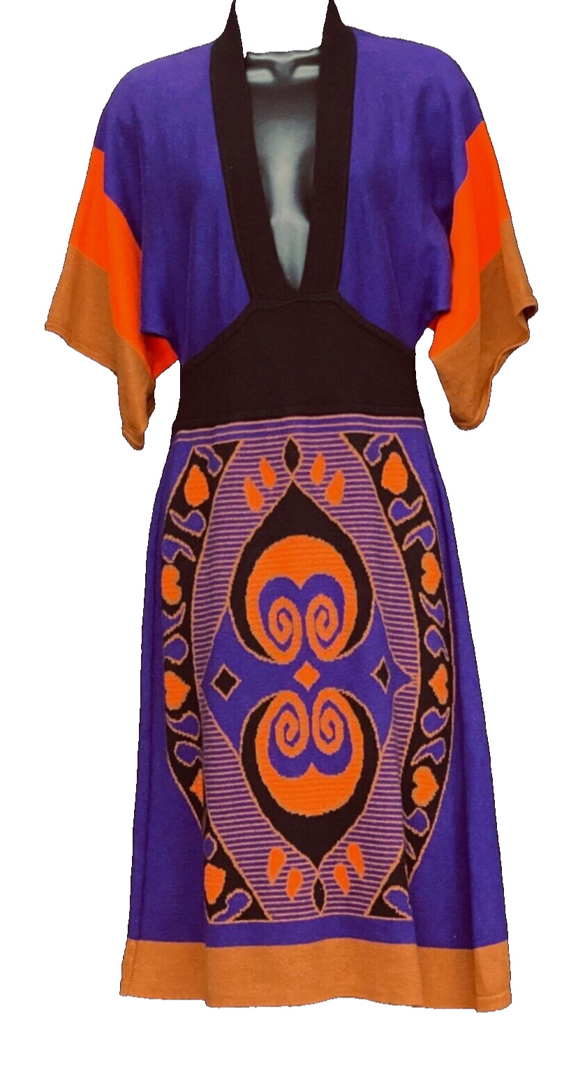 Vintage 1990s purple orange knit dress, deep v neck plunge color block boho M