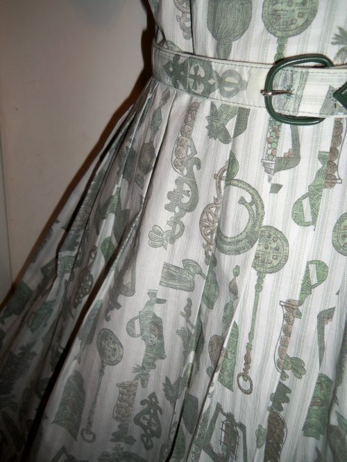 Vtg 50s VIRGINIA HART Cotton Fabric KITCHEN THEME Belt Dress DEADSTOCK M L NOS