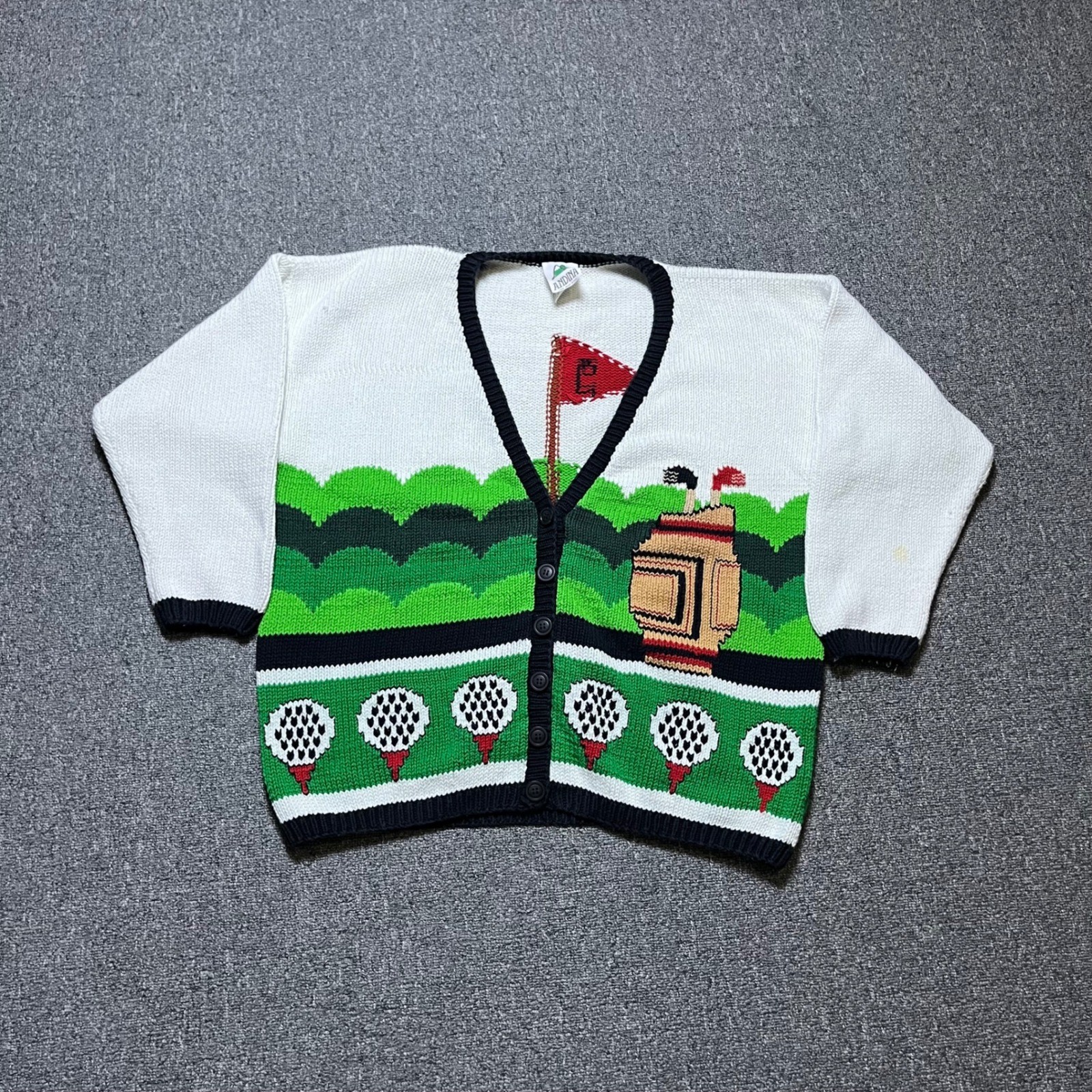 Vintage Andina Golf Cardigan Sweater XL White Green Knit Intarsia Cotton 90s