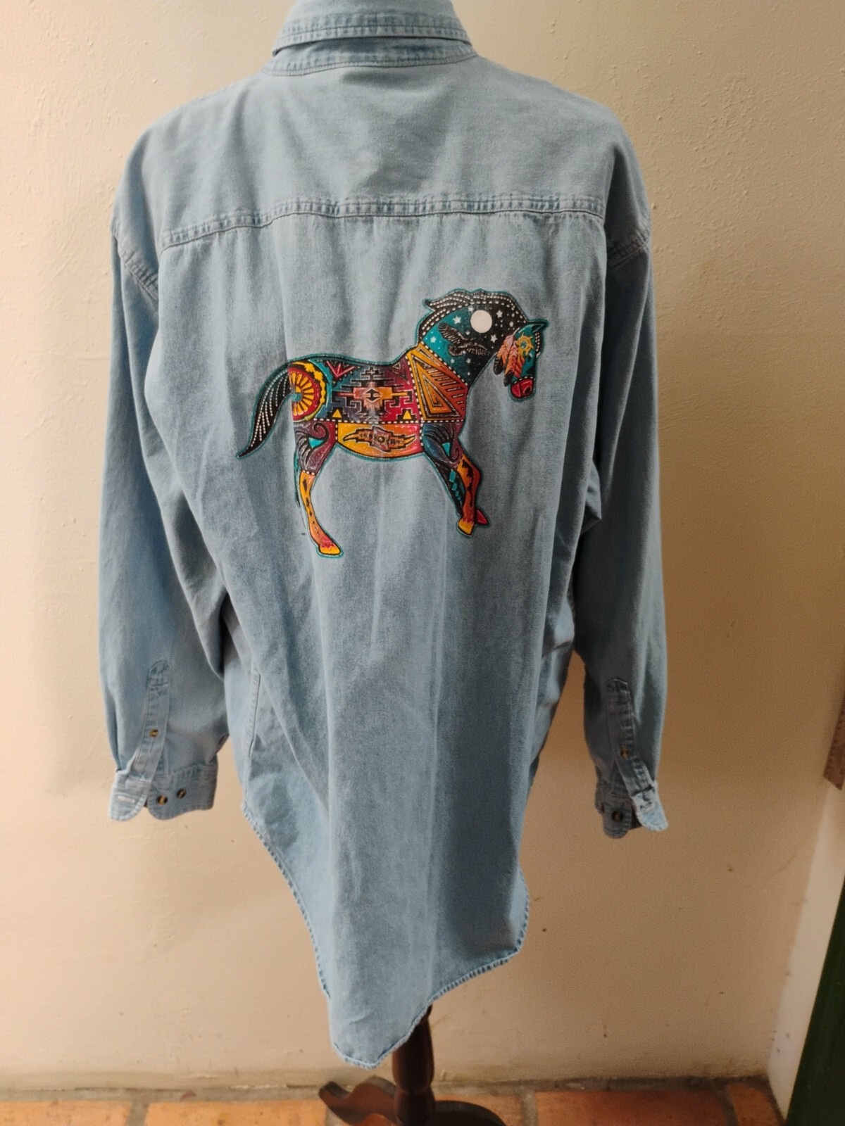 Horse Denim Shirt Adult XL Blue Equestrian Men Tribal Men 90s VINTAGE