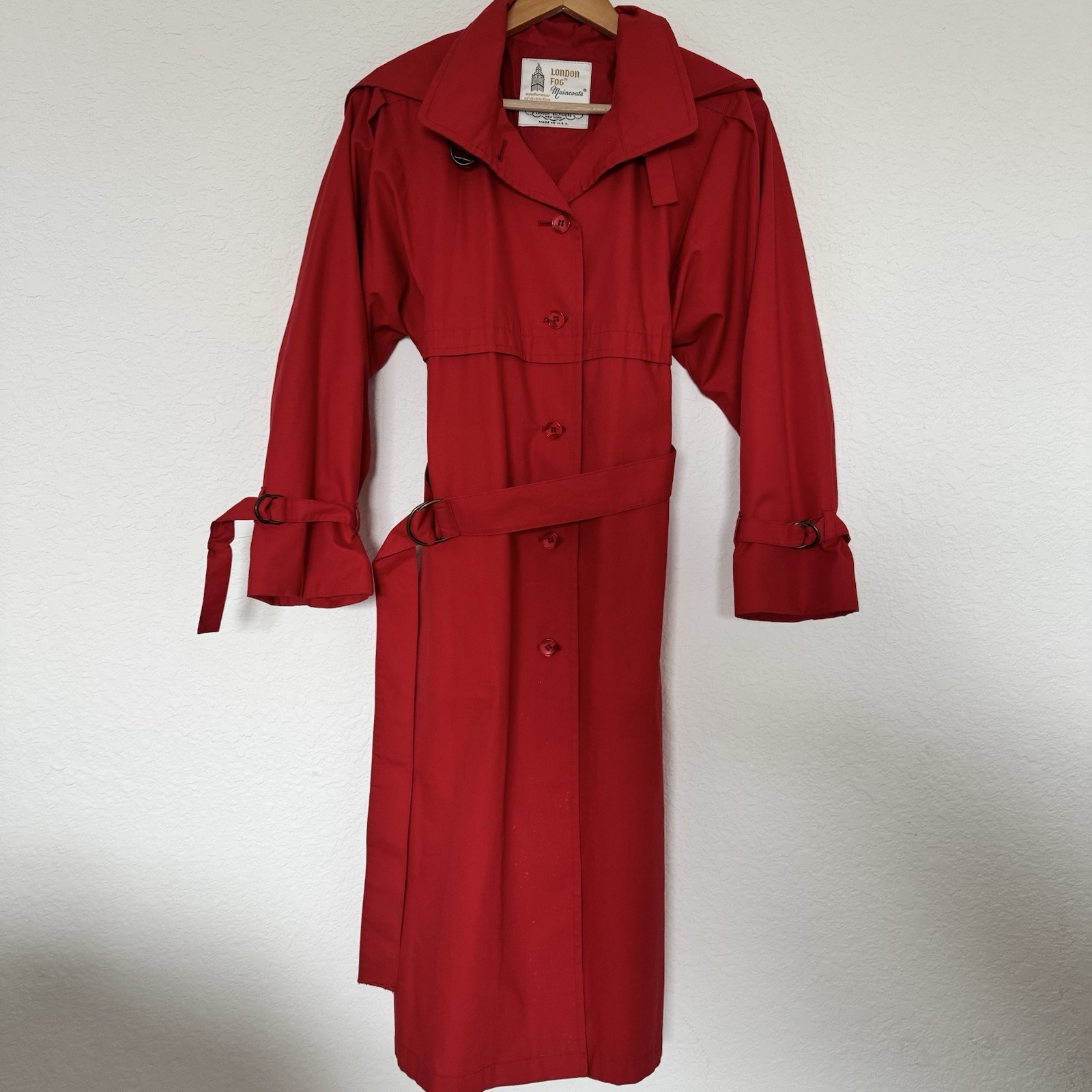 VTG London Fog Maincoats Trench Coat Rain Jacket Womens 12 Pet Red Lined Hooded
