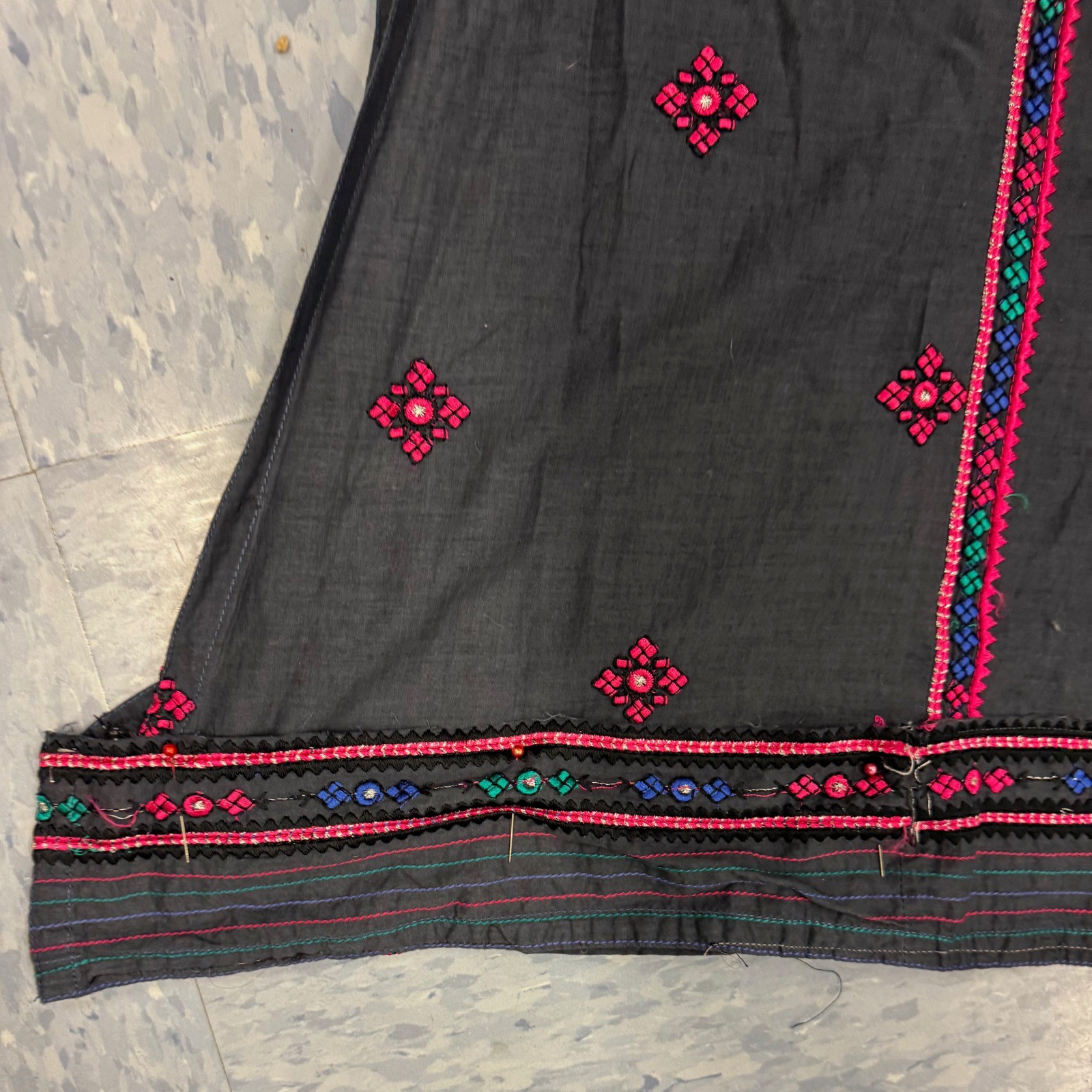 Vintage Ethnic Embroidered Tunic Dress Black Pink Boho Shisha Mirror Midi Kurta