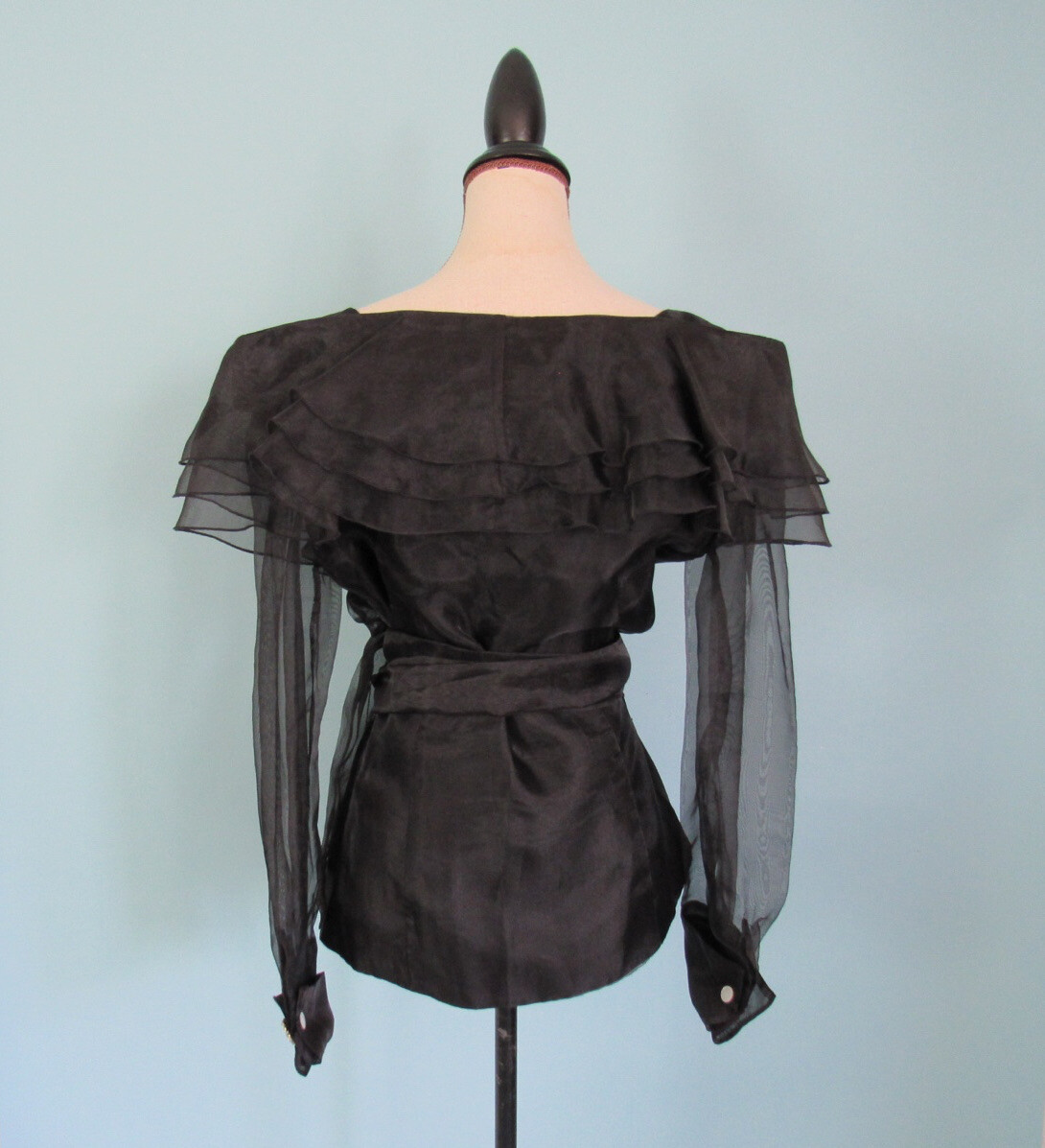 Size M HAMPTON NITES Black Wrap Blouse VINTAGE Shoulder Ruffles Sheer Sleeve