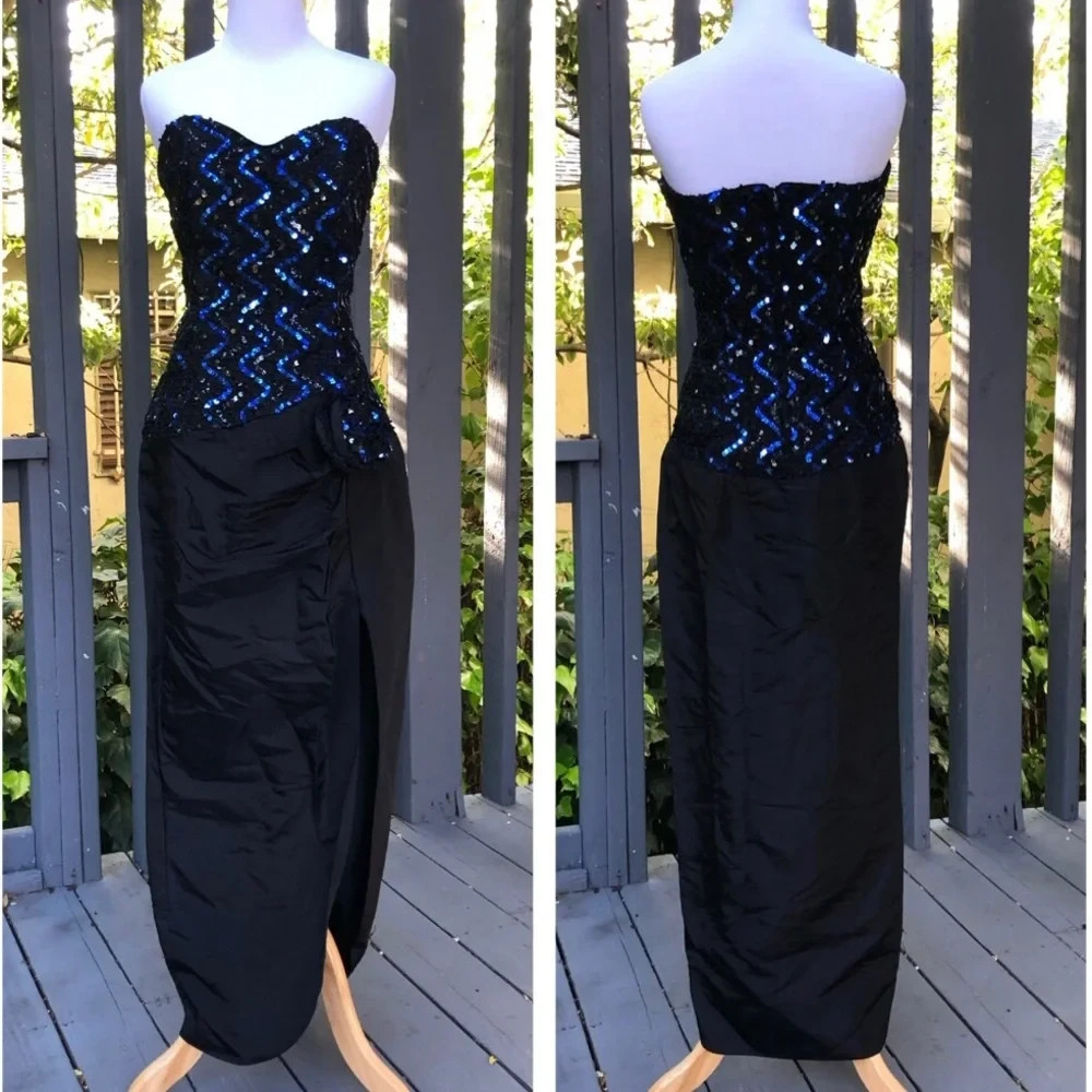 Vintage Gunne Sax Jessica McClintock Sequin Strapless Blue Maxi Dress 11/12