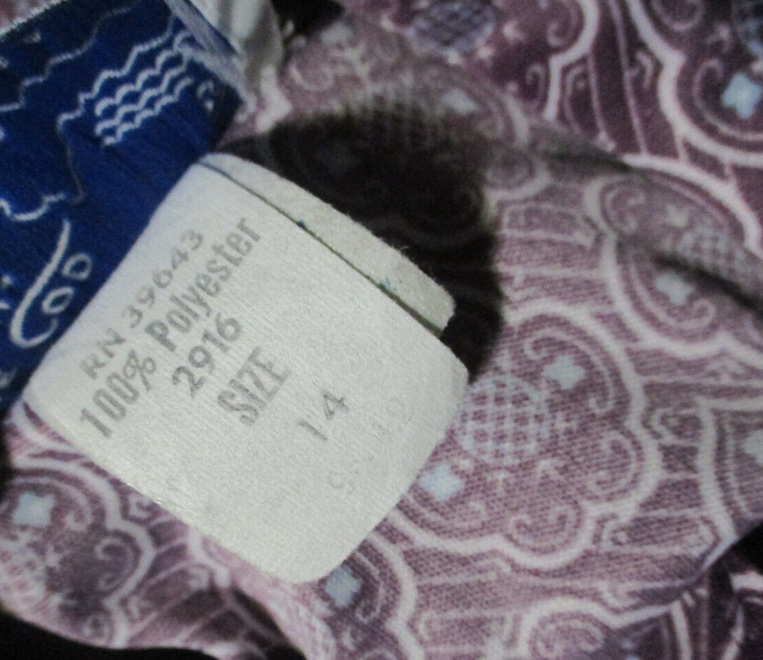 Vitg 80s Cape Cod Match Mates Purple Print Long Slv Top Size 14 Made in USA
