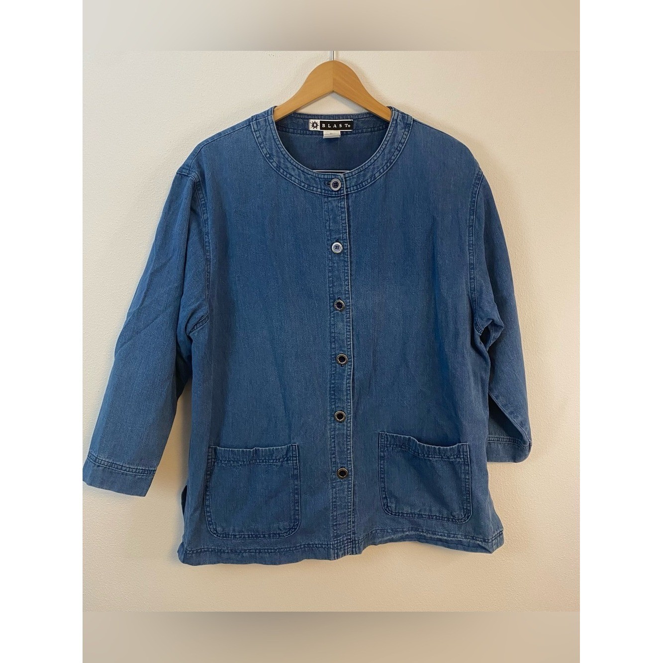 B Blast Vintage Denim Button Up Blouse Patch Pockets Chore Coat Cotton XL