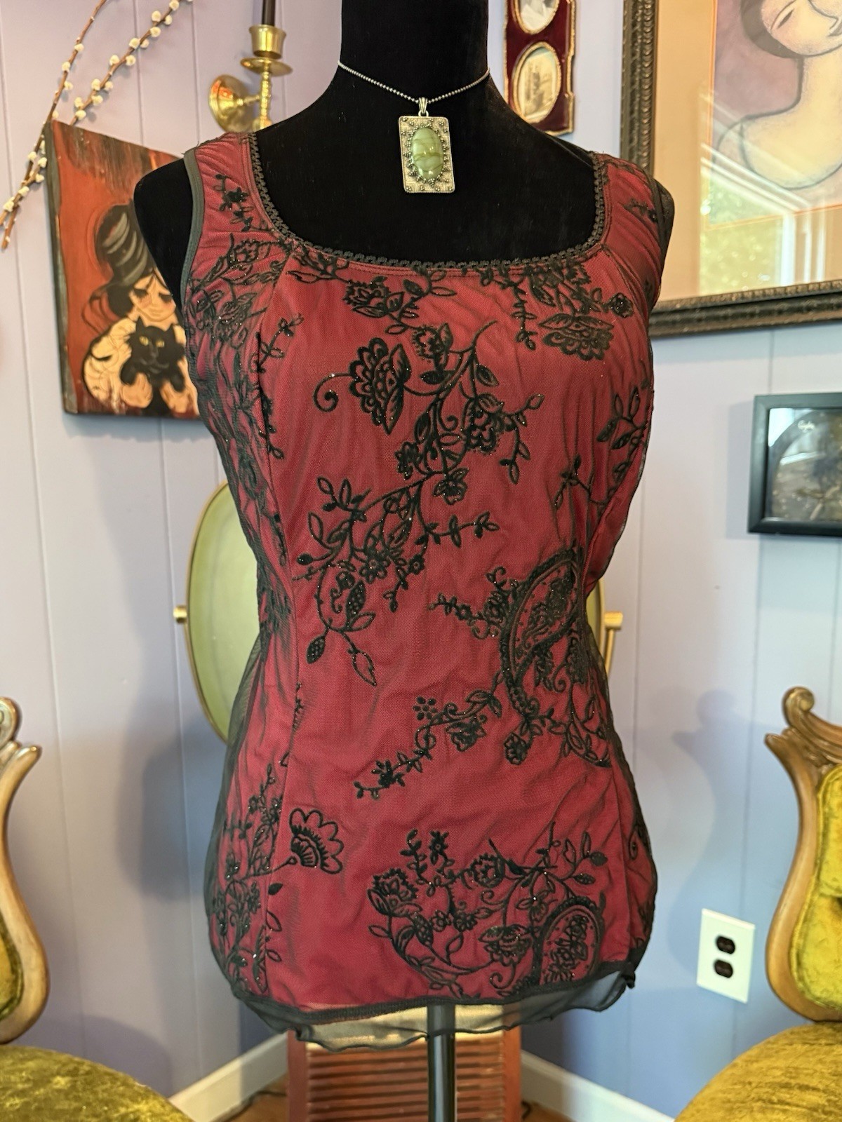 Vintage 90s Cocomo Goth Vamp Whimsigoth Floral Overlay Tank Top Size XL