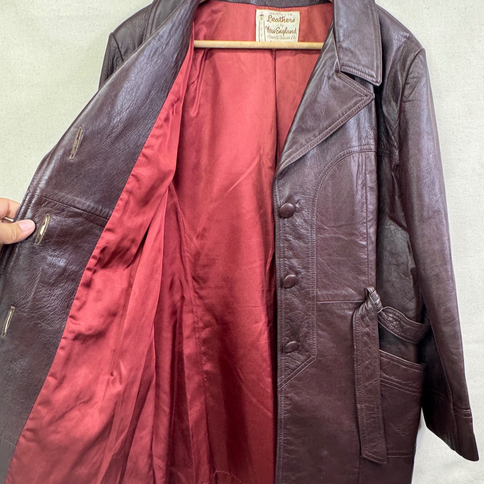 New England Sportswear Leather Jacket Burgundy Brown Vintage 70s Belted Coat USA