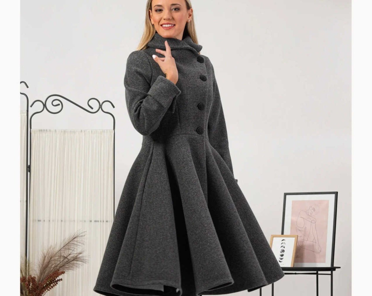 Ladies grey coat long jacket hem skirt tweed winter long business elegant