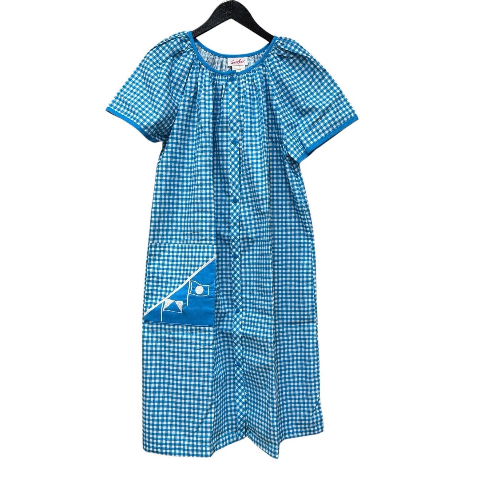 Vtg Smart Time Blue White House Dress Snap Closure Made in USA Boho Embroidery