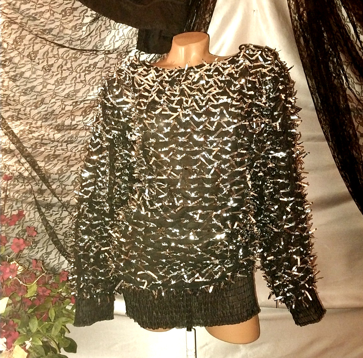 VTG NR1 NITE LIGHTS 80S SILVER FOIL BOWS BLOUSE SHEER CHIFFON BURLESQUE AVANT L