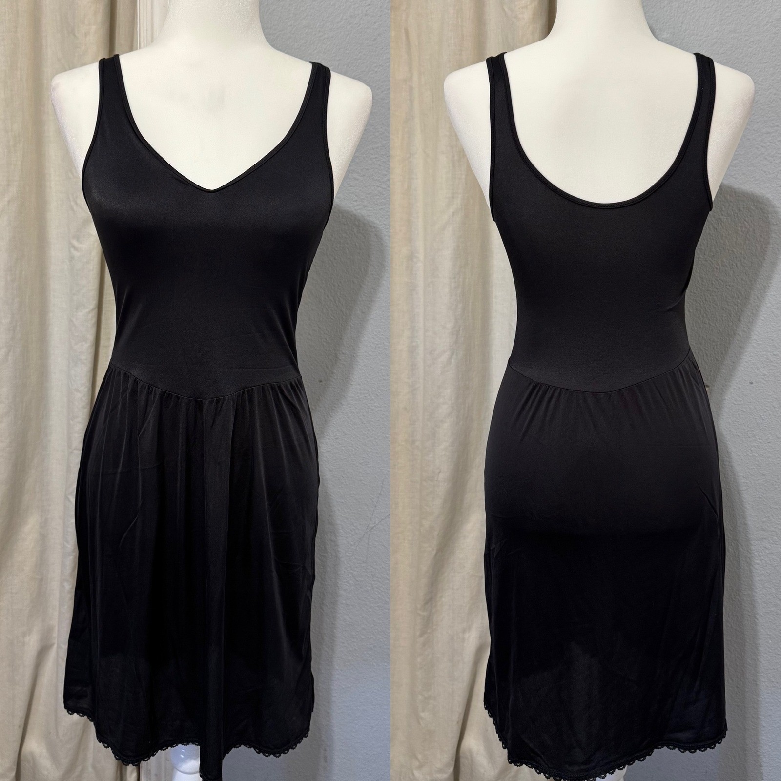 Warners Perfect Measure Vintage Black Full Slip Lace Trim V-Neck 55728 Size 36