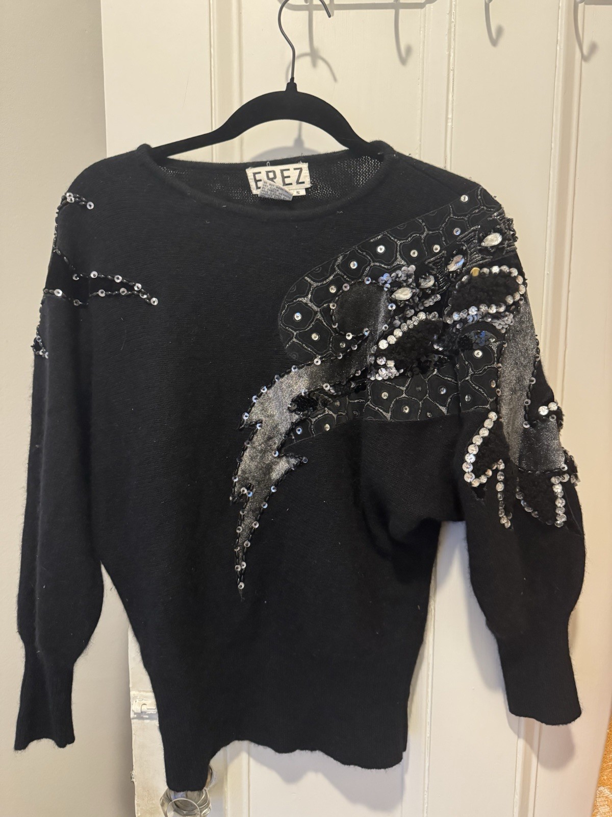 Vintage 80s Erez Angora Beaded Sequin Leather Appliqué Statement Sweater Black S