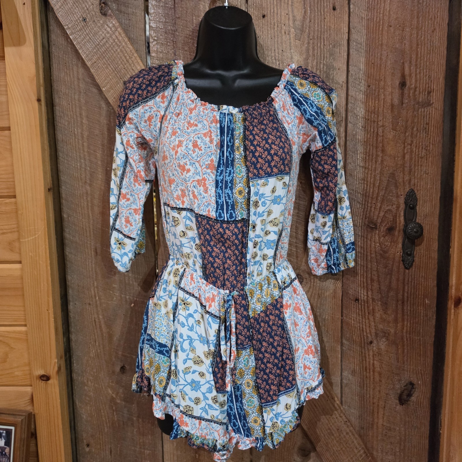 Vintage Karlie Ladies Small Patchwork Floral Romper Boho Off Shoulder Jumpsuit