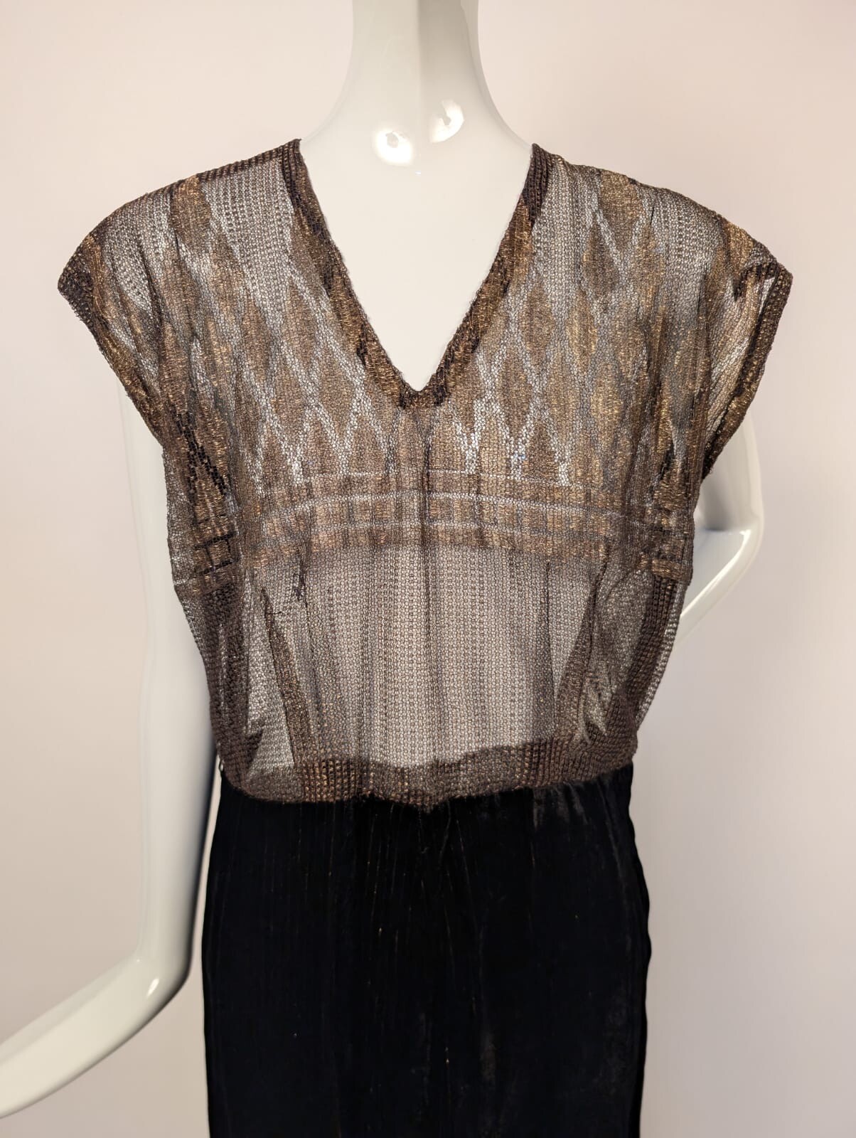 1940’S METALLIC GOLD LAME LACE + LAME PINSTRIPED VELVET DRESS