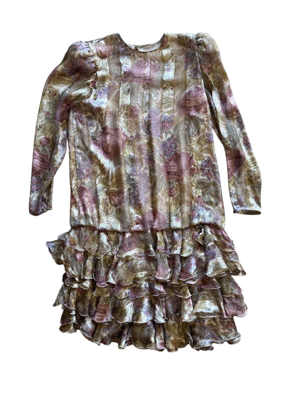 100% Silk Judy Hornby 6 Vintage Couture 80’s Pastel Floral Metallic Gold Ruffled