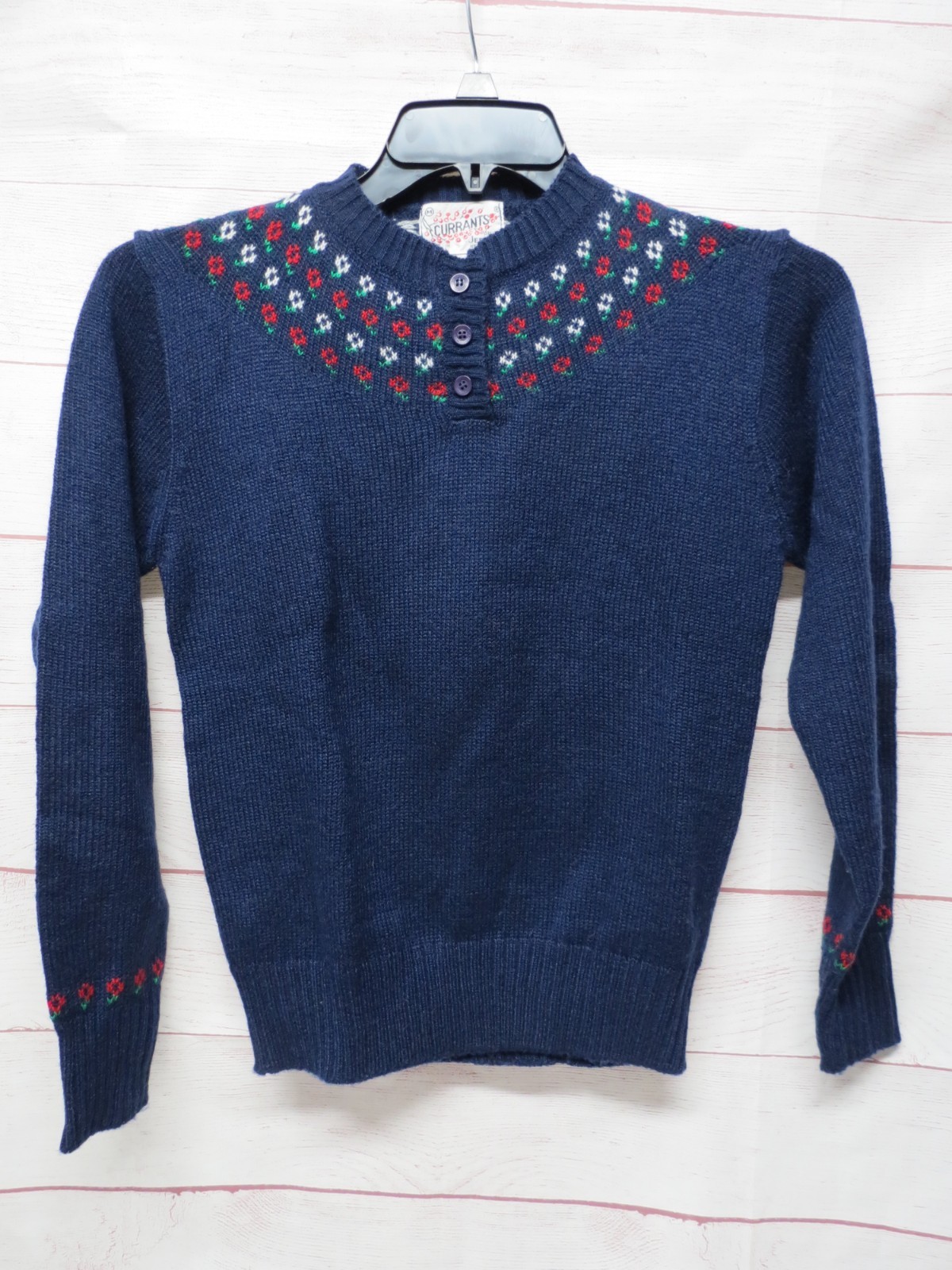 Vintage Currants by Jeri-Jo Button Floral Yoke Navy Blue Red Sweater Size Medium