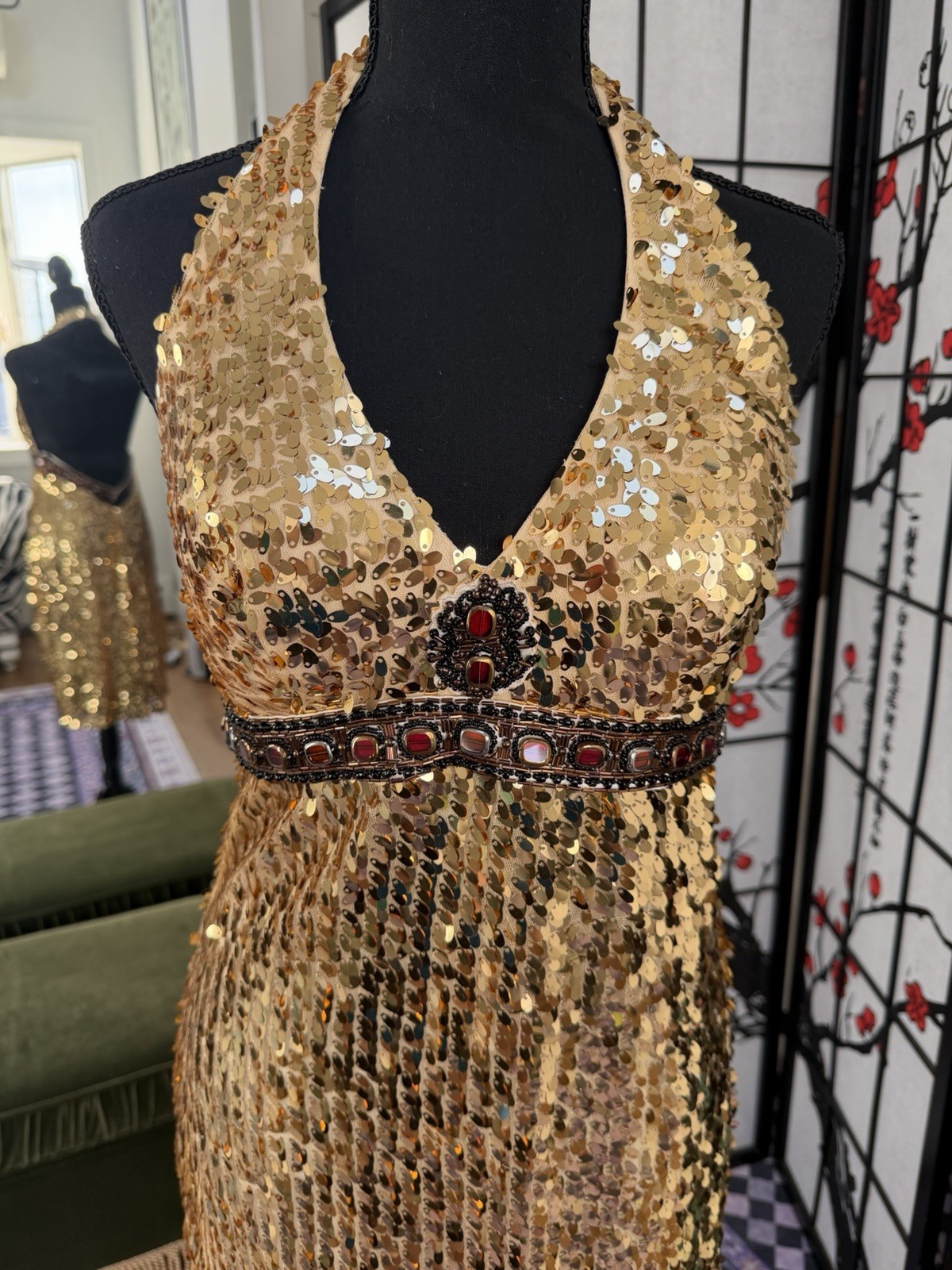 Gold Sequin Halter Dress – Open Back with Jeweled Waist