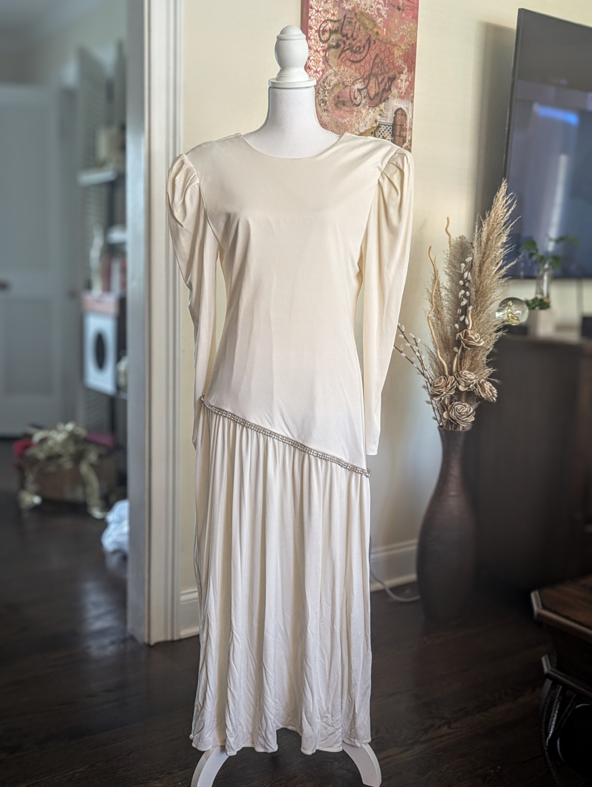 Mint VTG 1987 Pantagis Drop Waist Dress Cream Rhinestone Deadstock Era 11/12 USA