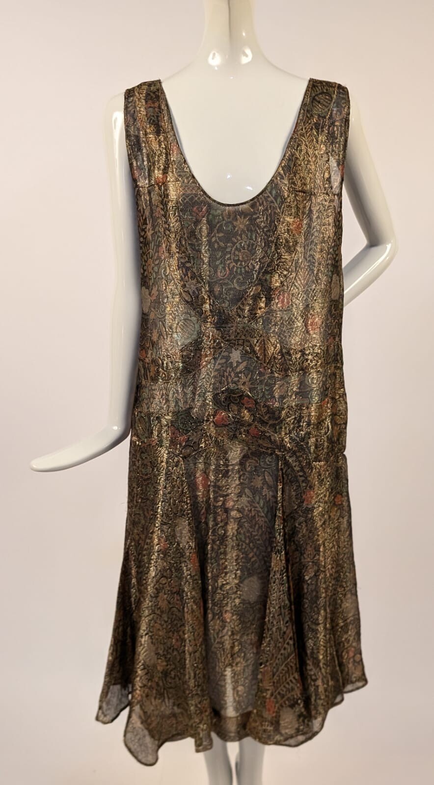 FLAPPER 1920’S FLORAL METALLIC GOLD LAME DRESS W DRAPE TAIL SKIRT