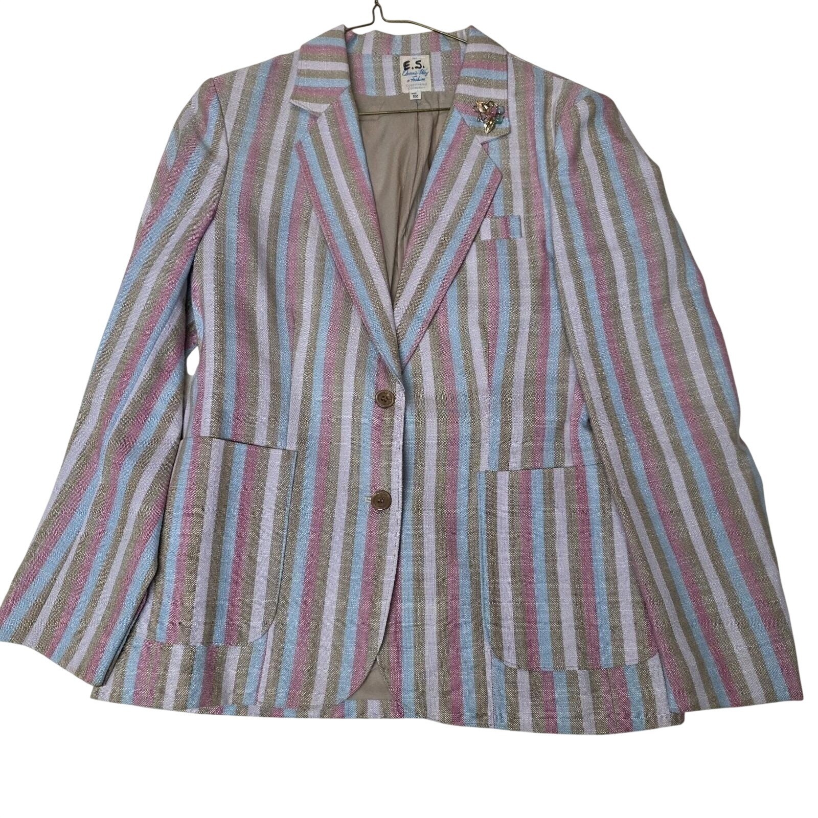 Blazer Jacket Size 12 Queens Way Fashion Pastel Striped Japan Moonstone Brooch