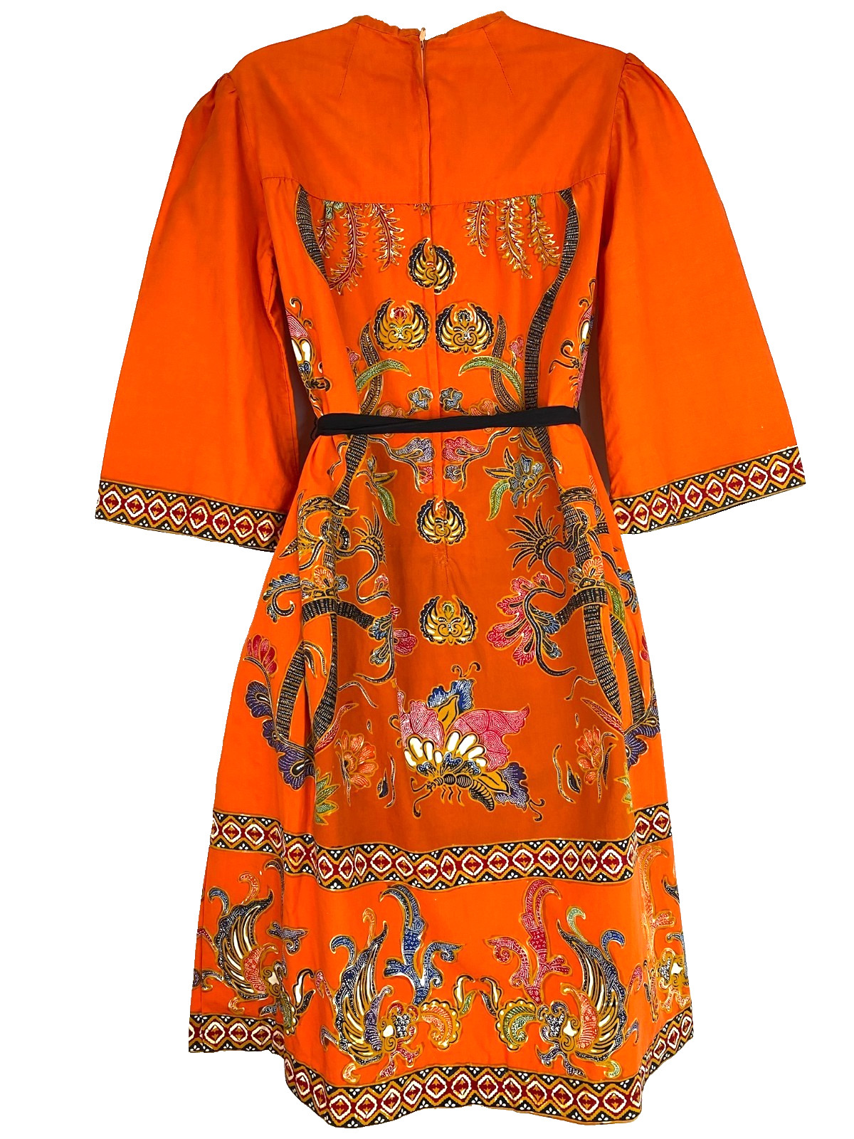 Vintage 1970s orange dress S cotton 1/2 sleeve A line tunic batik boho knee midi